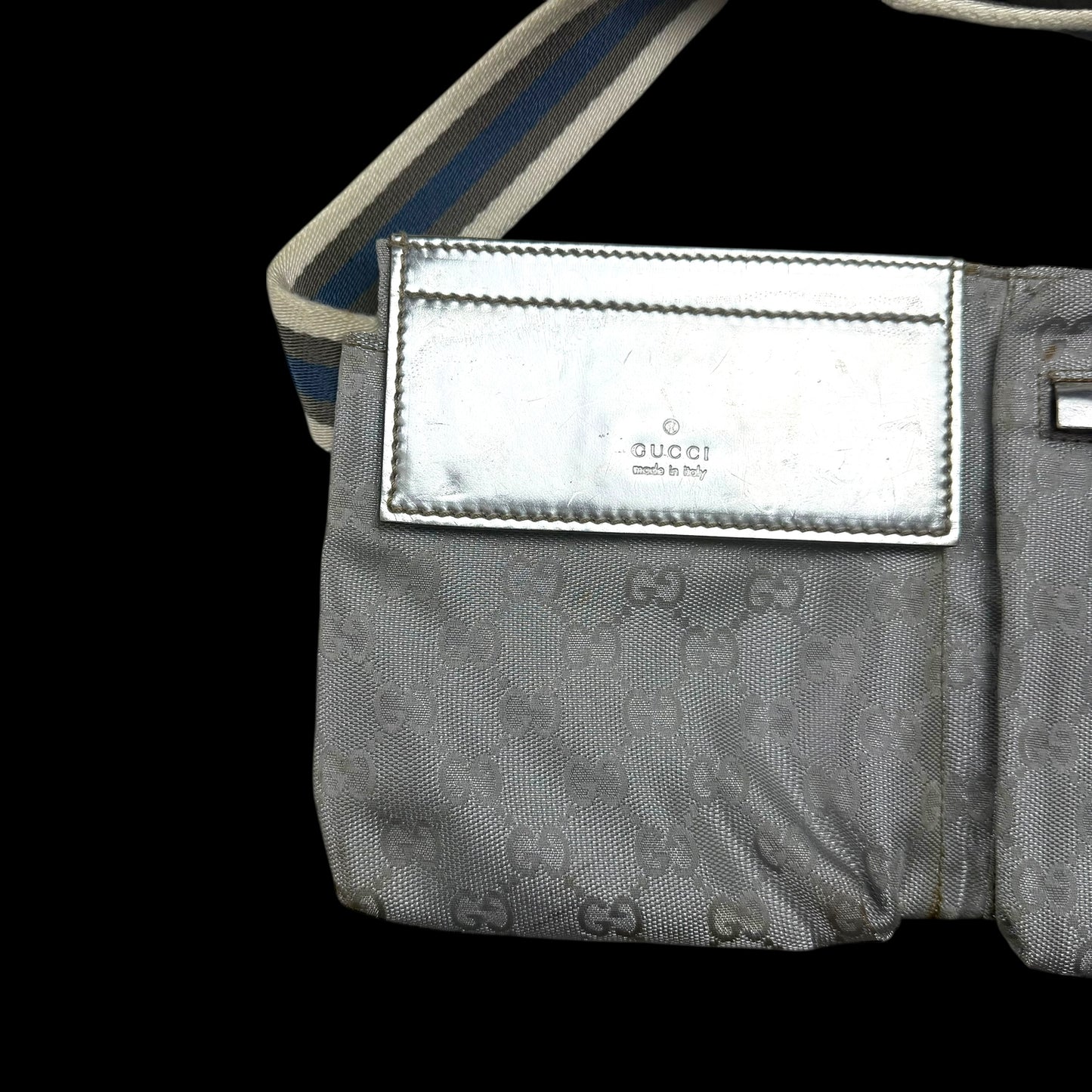 Gucci GG Monogram Web Double Pocket Canvas Belt Bag Silver