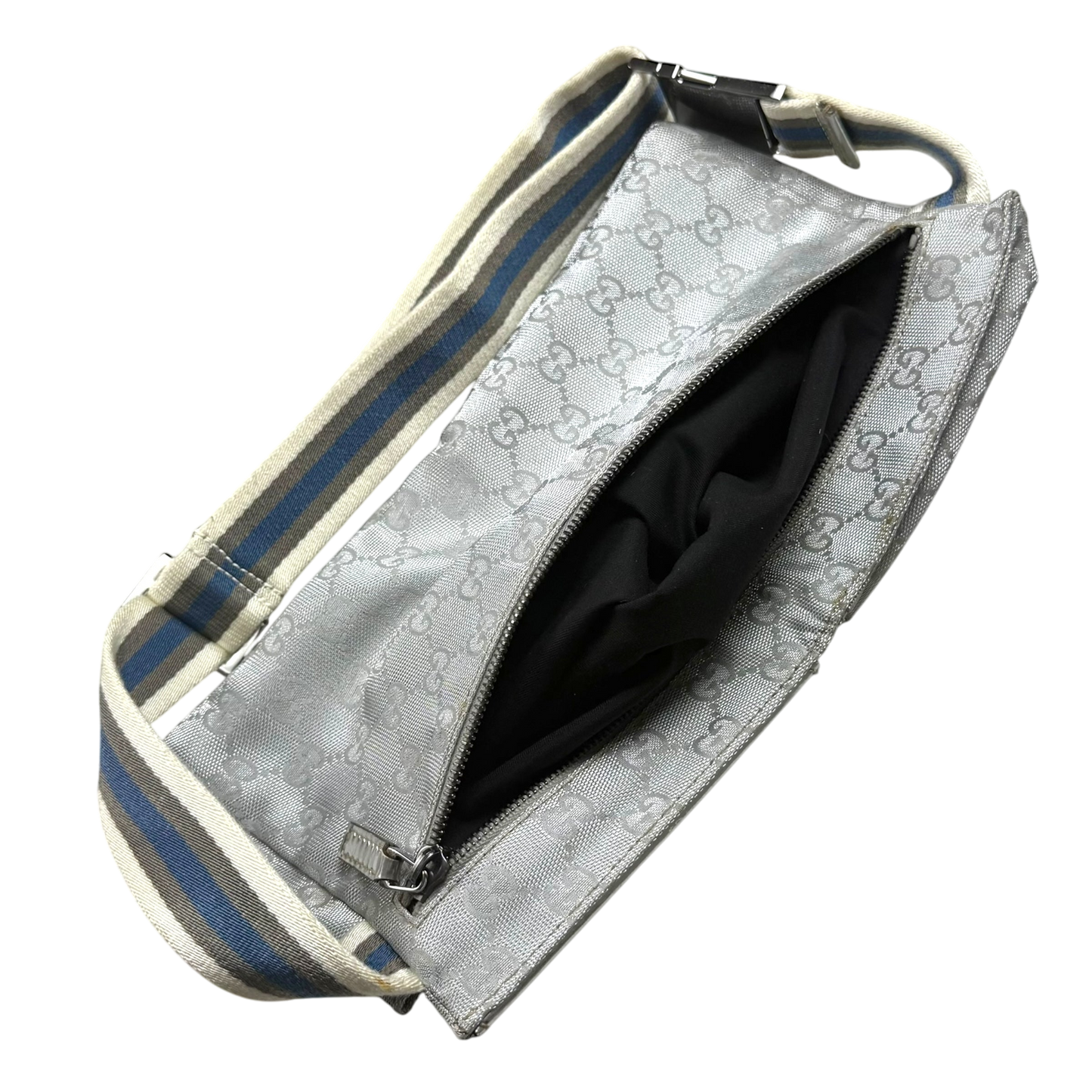Gucci GG Monogram Web Double Pocket Canvas Belt Bag Silver