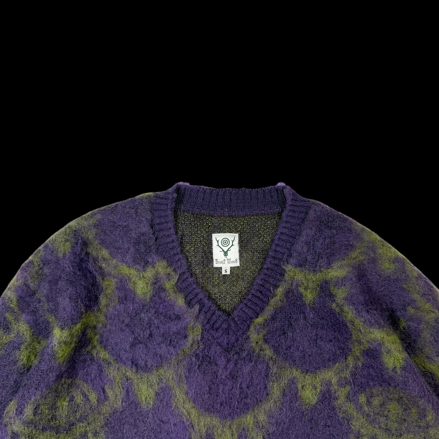 SOUTH2 WEST8 Mohair Blend Loose Fit V-Neck Sweatshirt Purple / Green (Size S)