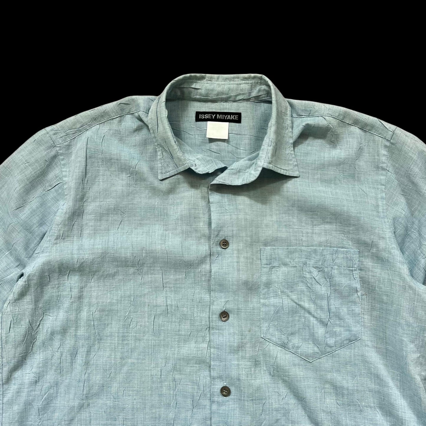 Vintage Issey Miyake Wrinkle-Effect Short Sleeve Blue Shirt (Fits L)