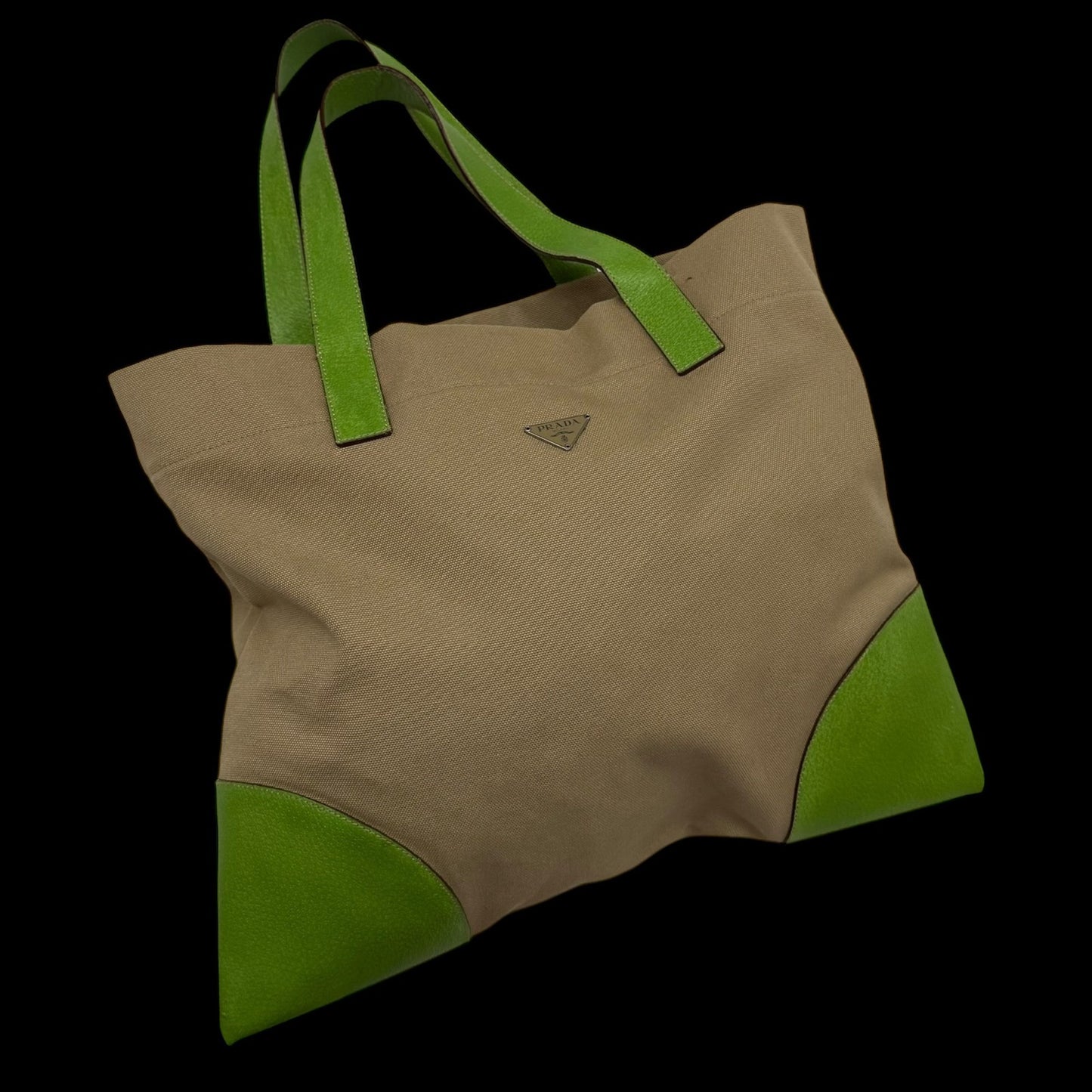 Prada Canvas & Leather Tote Bag Beige/Green
