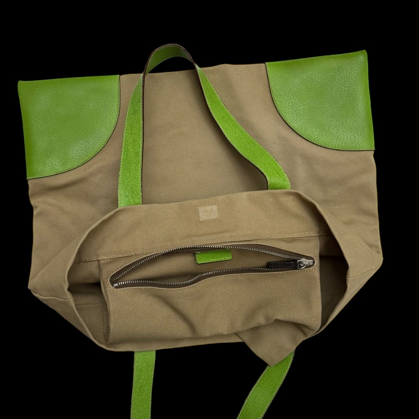 Prada Canvas & Leather Tote Bag Beige/Green