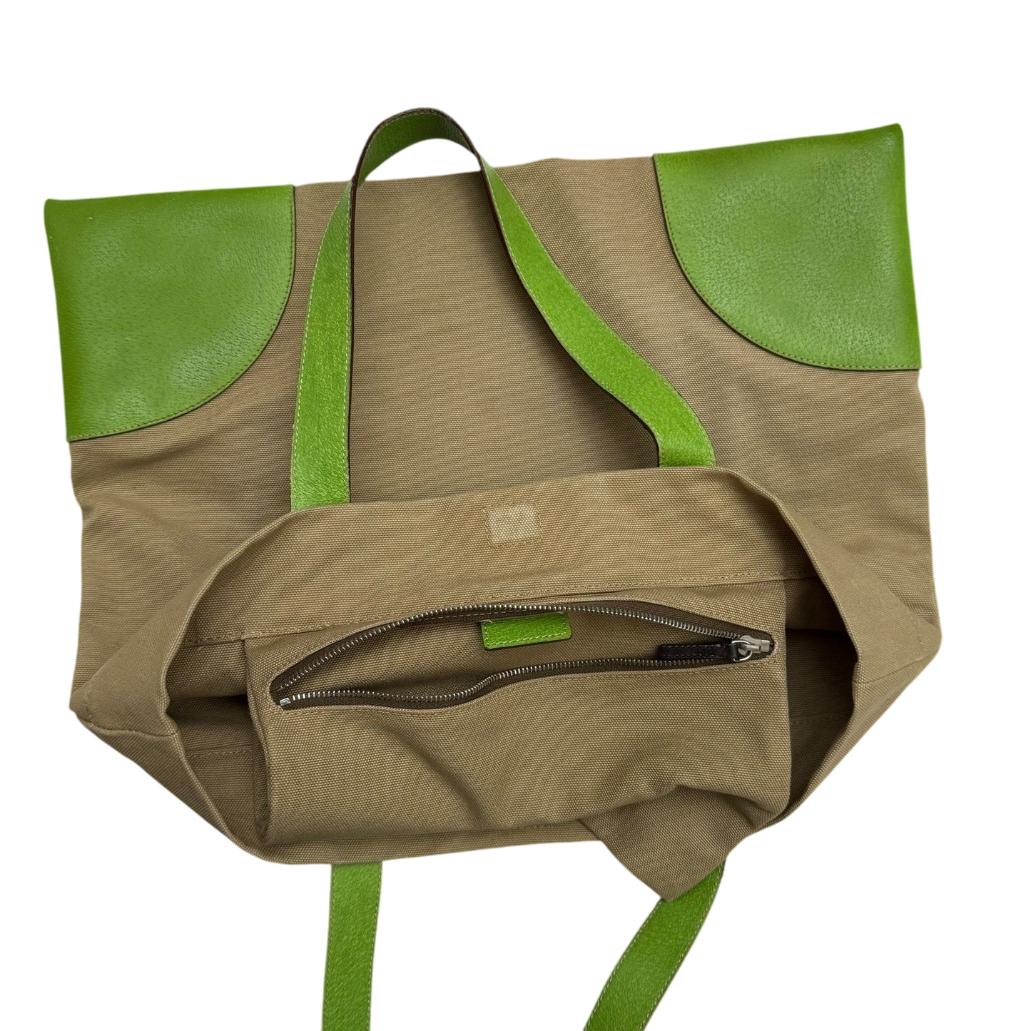 Prada Canvas & Leather Tote Bag Beige/Green