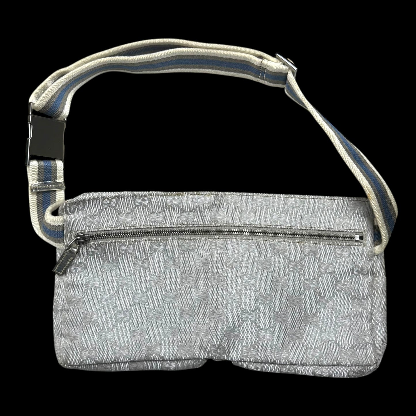 Gucci GG Monogram Web Double Pocket Canvas Belt Bag Silver