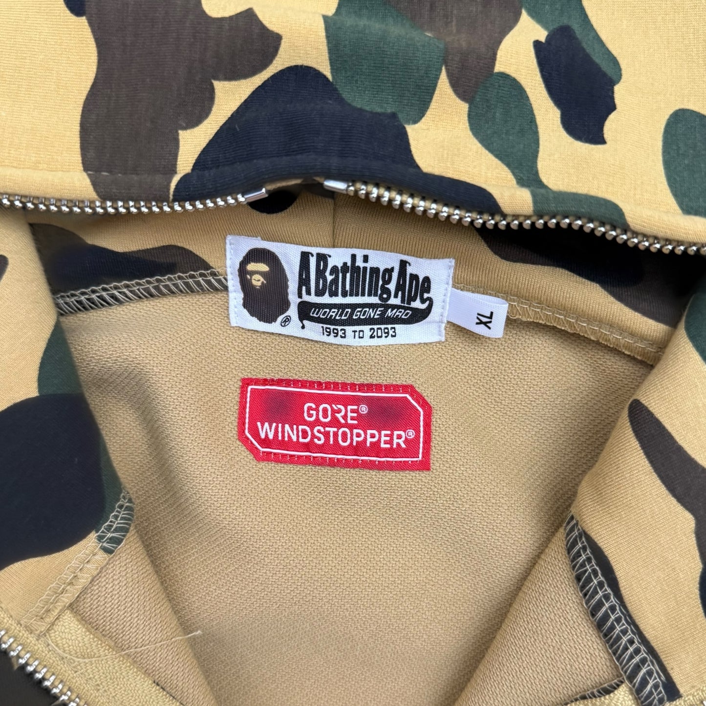 BAPE (A Bathing Ape) 1st Camo Gore Windstopper Camo Shark Zip-Up Hoodie Yellow (Fits L-XL)