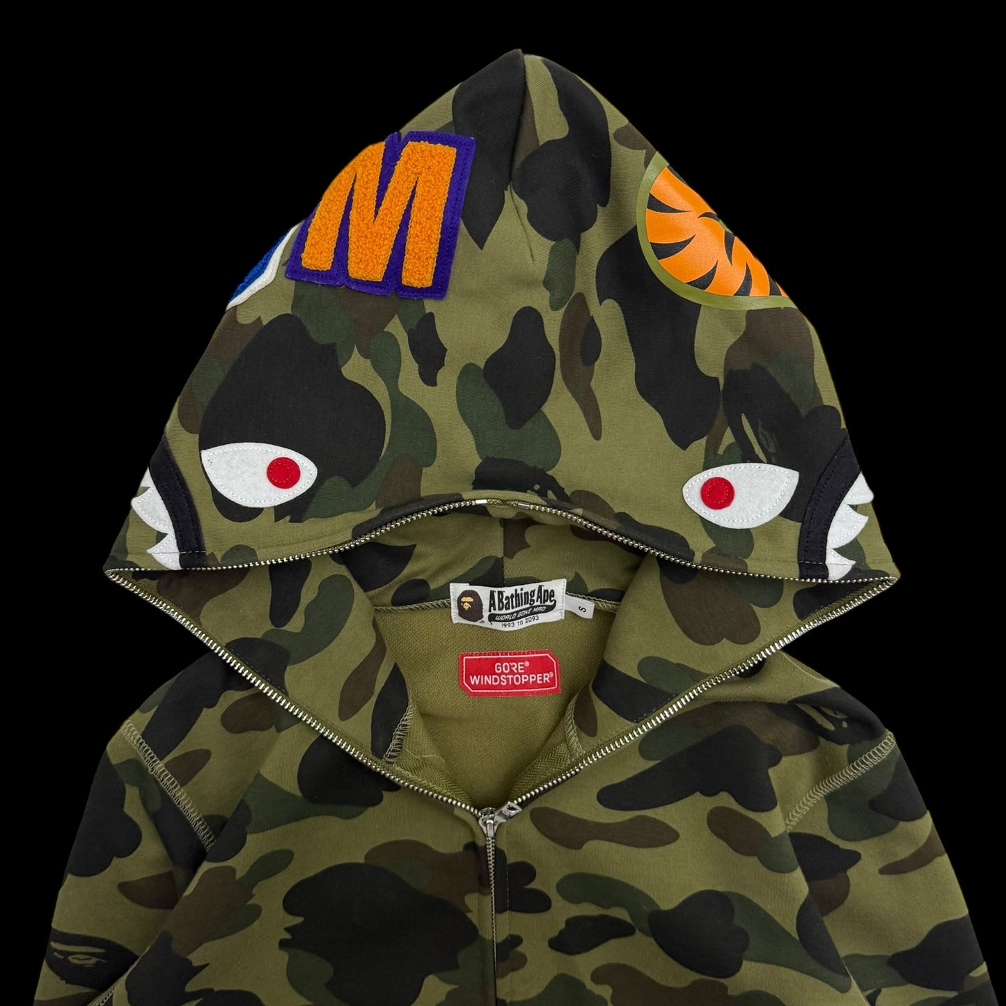 BAPE (A Bathing Ape) 1st Camo Gore Windstopper Camo Shark Zip-Up Hoodie Green (Size S)