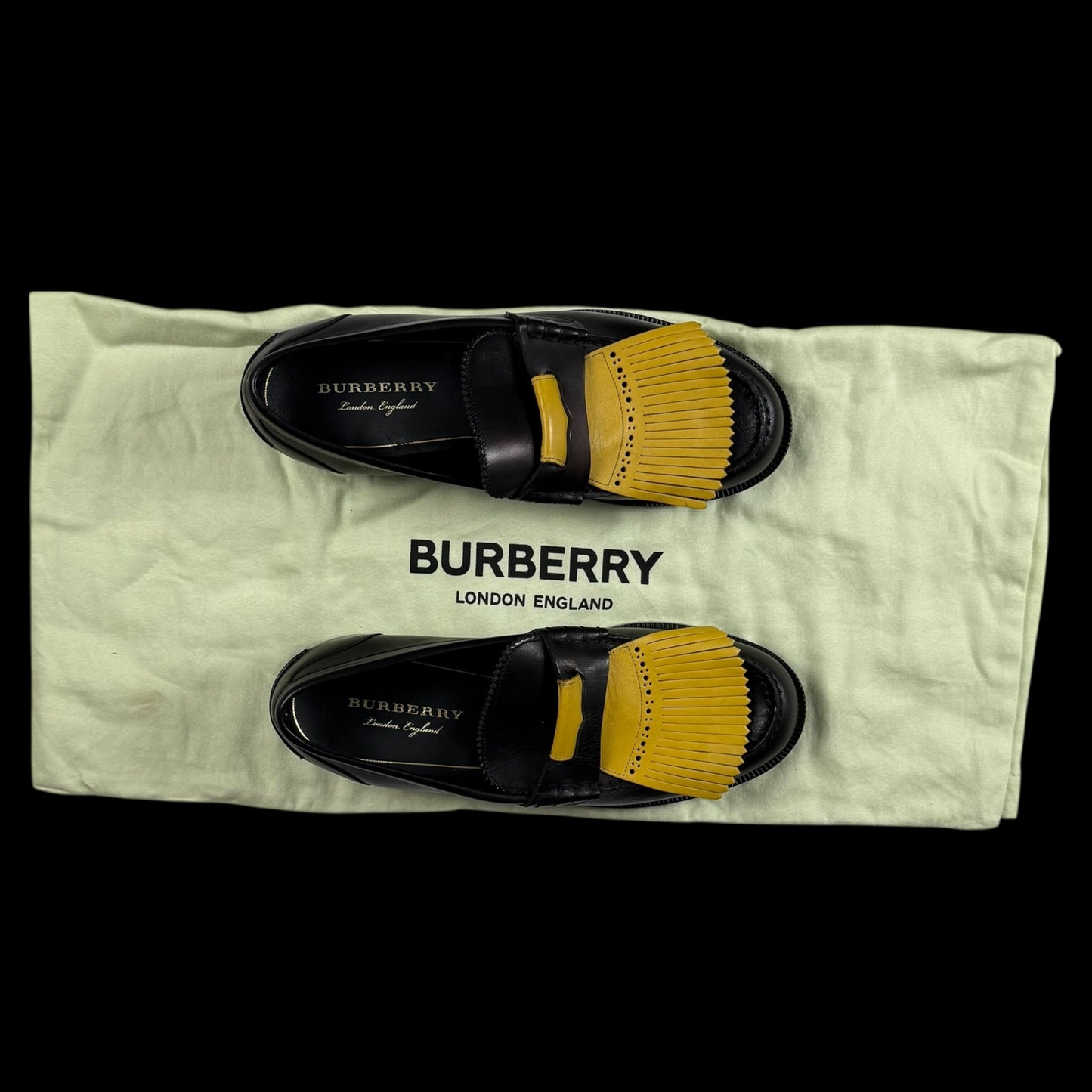 Burberry Kiltie Fringe Leather Loafers Black /Yellow (Fits US10.5-11)