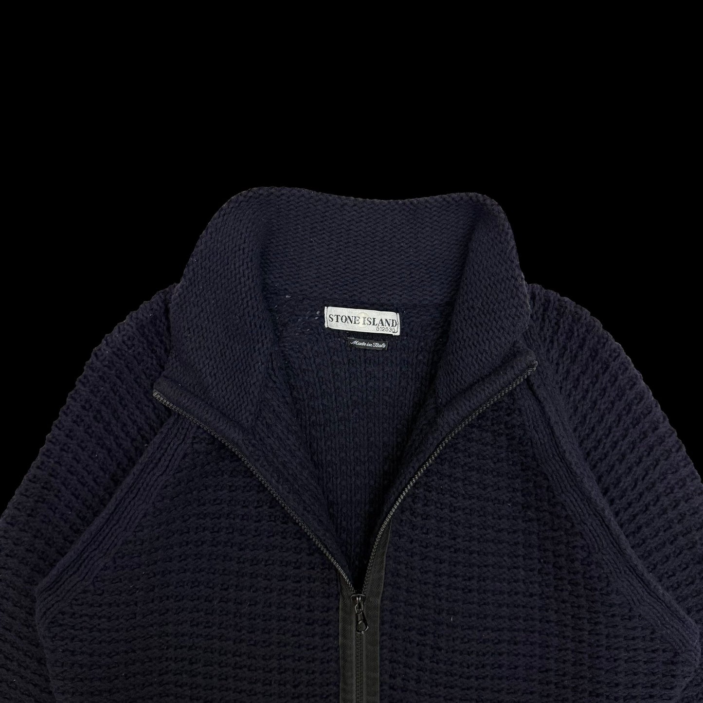 Stone Island AW02 Wool Blend Ribbed Knit Zip-Up Sweatshirt Navy (Size L)