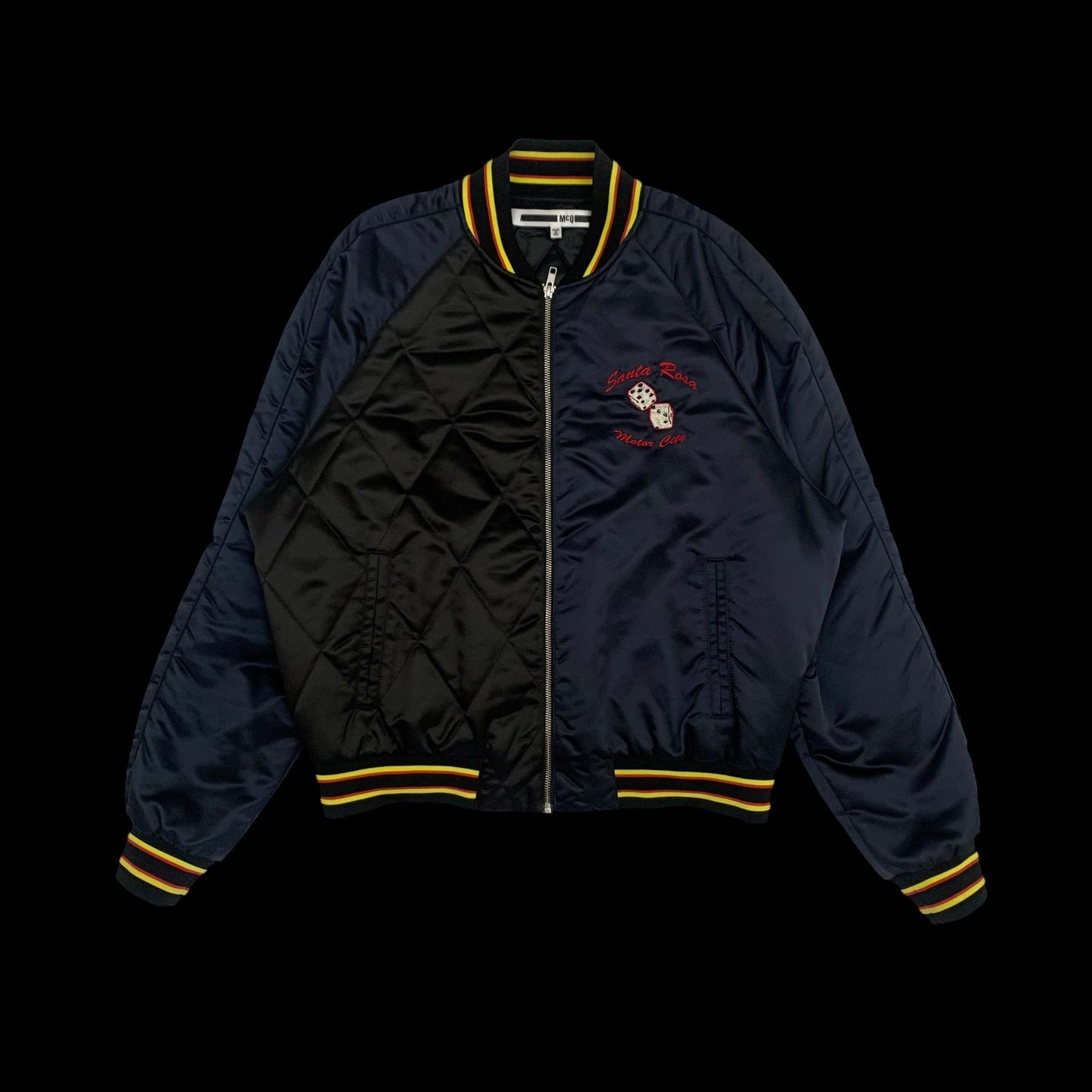 Alexander McQueen Motor City Two Tone Silk Blend Quilted Bomber Jacket Black/Navy (Fits M-L)