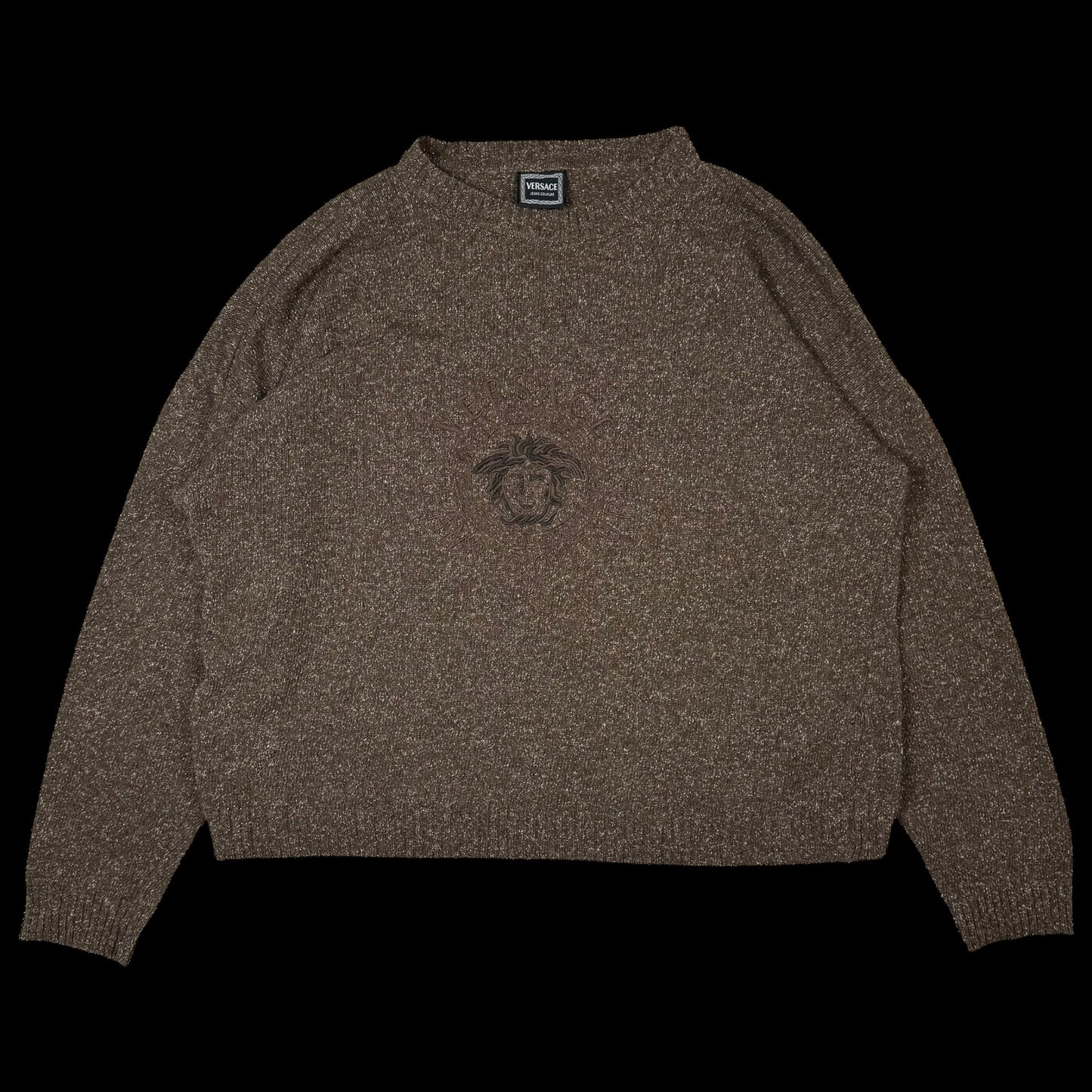 Versace 90s Medusa Logo Embroidered Wool Sweatshirt Brown (Size XL)