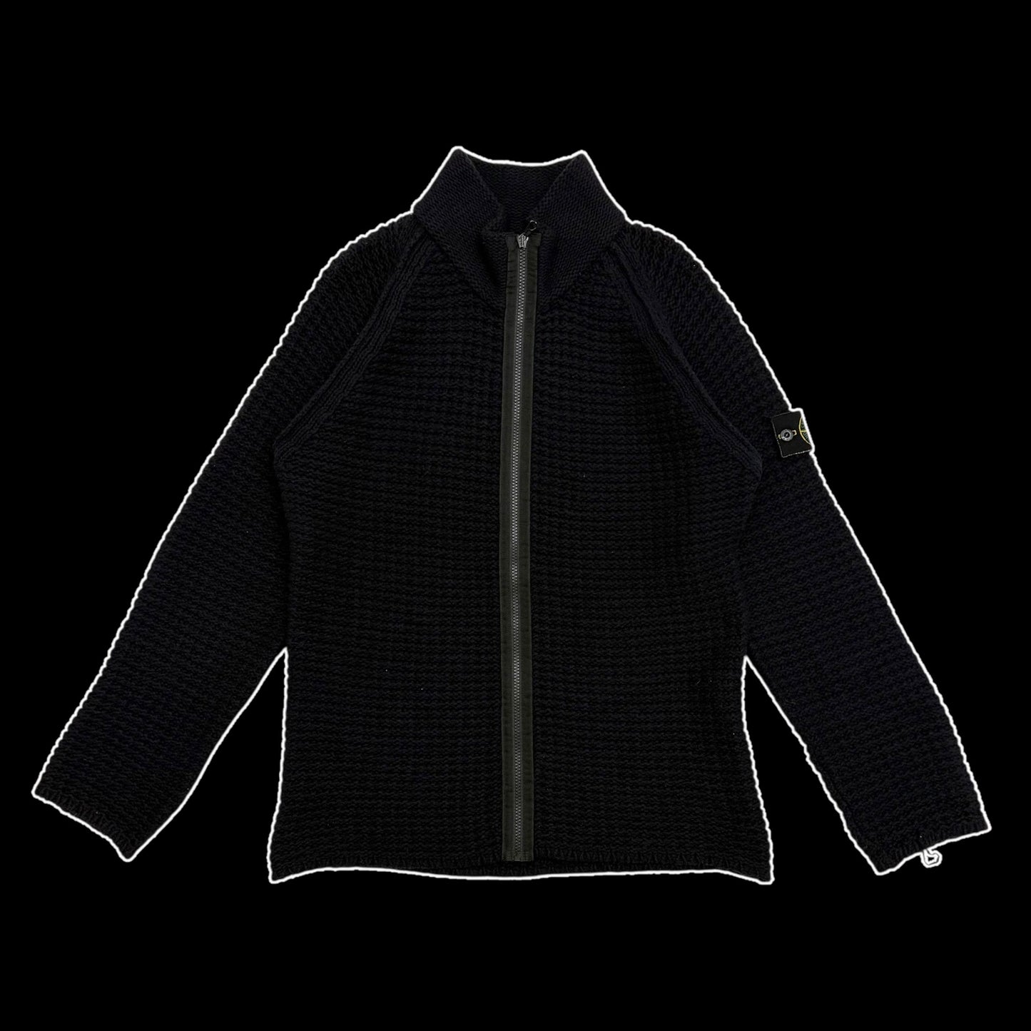 Stone Island AW02 Wool Blend Ribbed Knit Zip-Up Sweatshirt Navy (Size L)