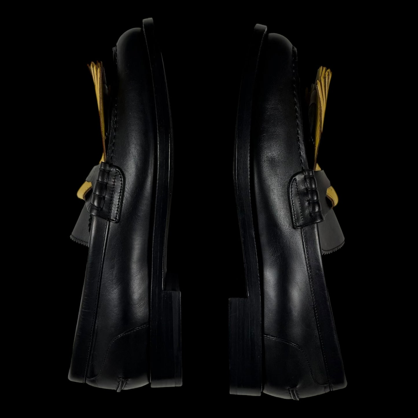 Burberry Kiltie Fringe Leather Loafers Black /Yellow (Fits US10.5-11)