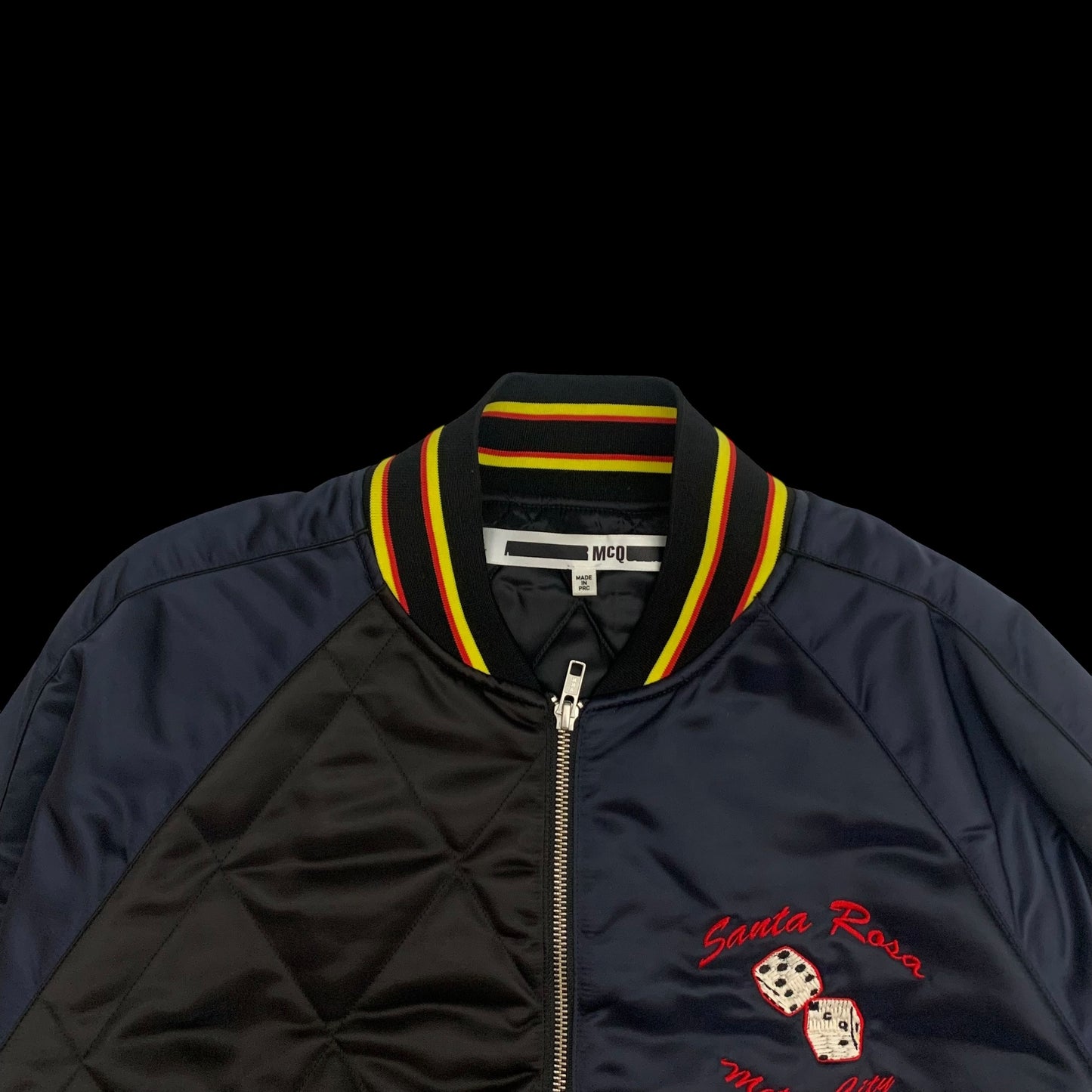 Alexander McQueen Motor City Two Tone Silk Blend Quilted Bomber Jacket Black/Navy (Fits M-L)