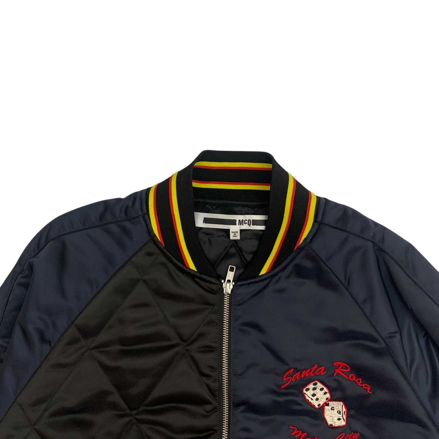 Alexander McQueen Motor City Two Tone Silk Blend Quilted Bomber Jacket Black/Navy (Fits M-L)