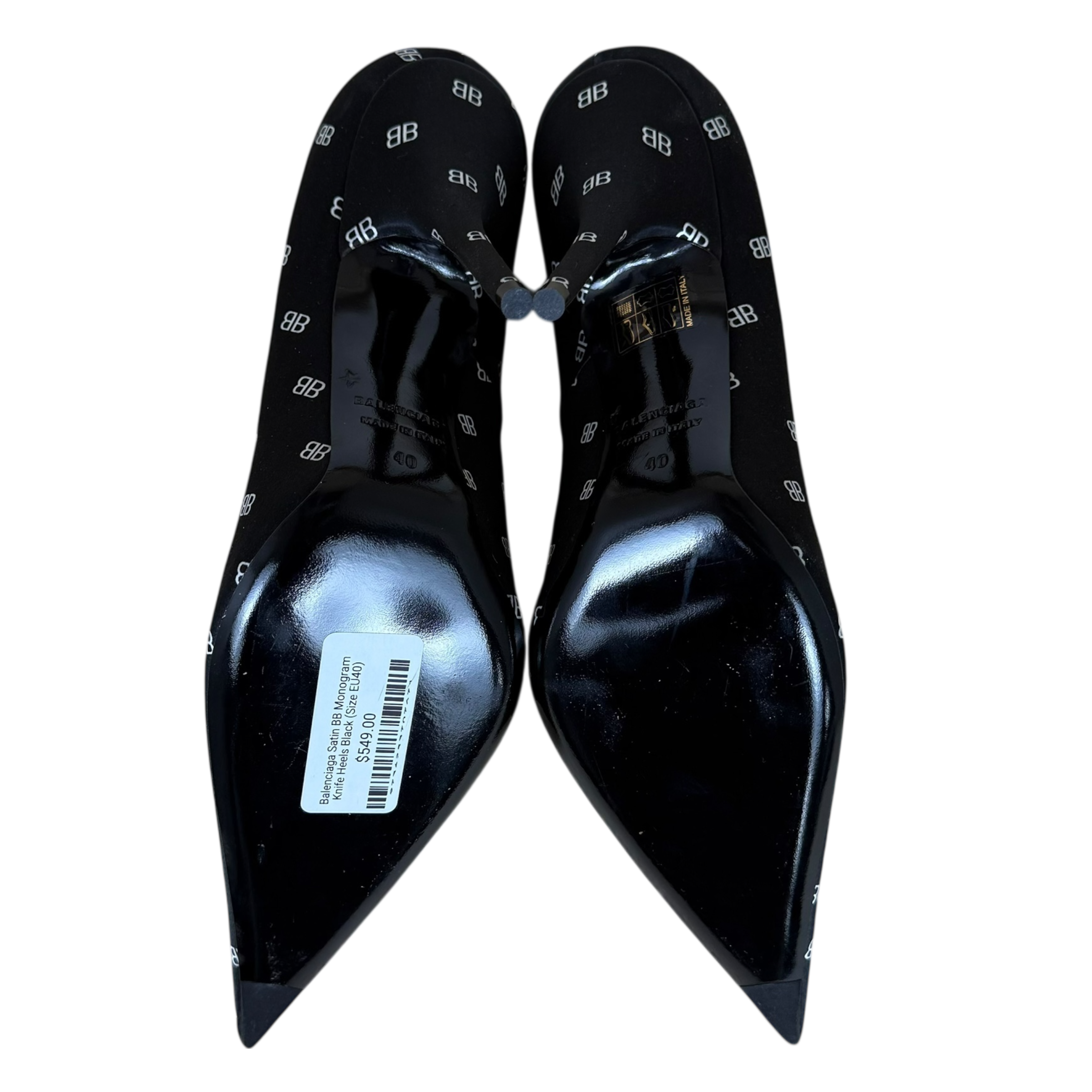 Balenciaga Satin BB Monogram Knife Heels Black (Size EU40)