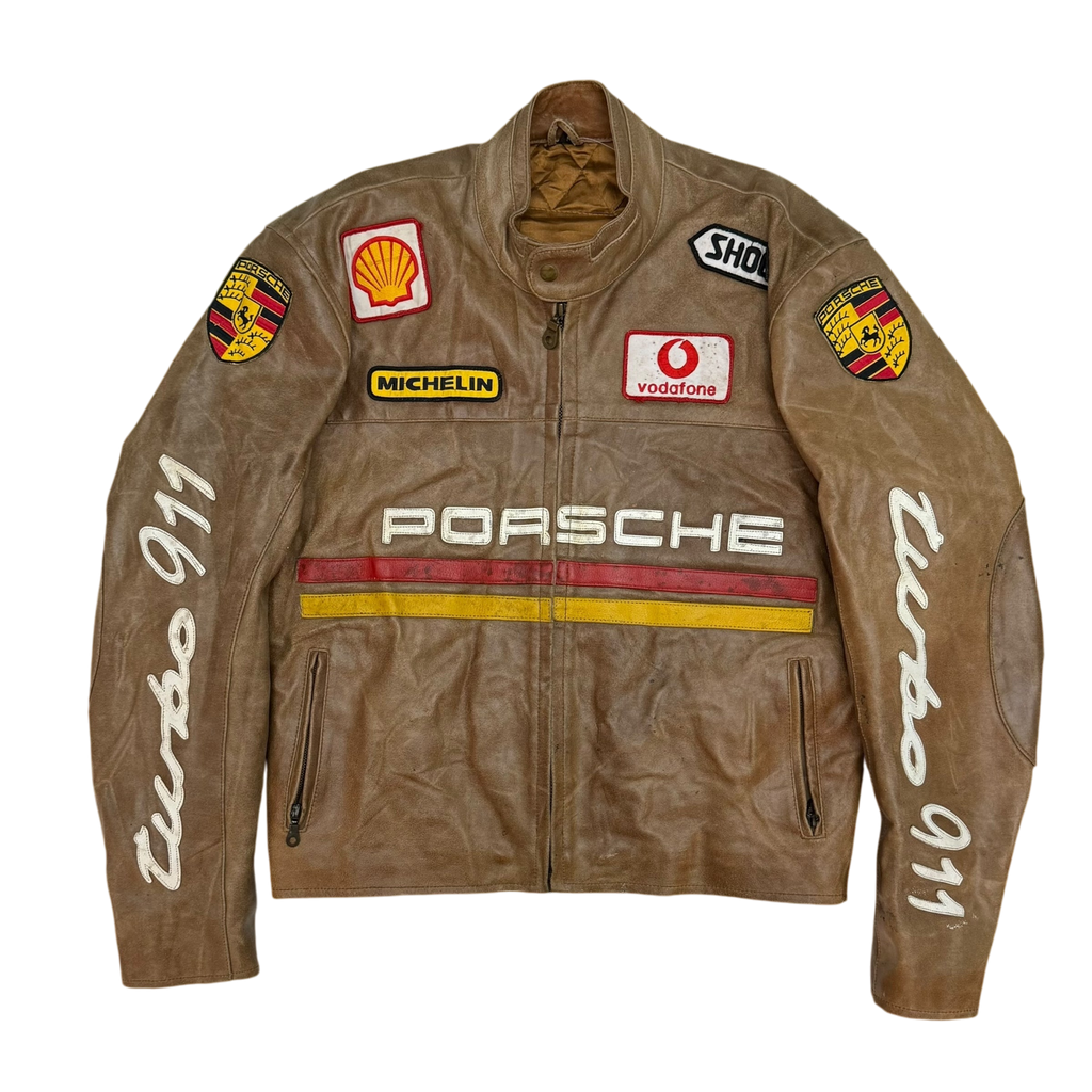 90s Porsche Turbo 911 Leather Racing Jacket Brown (size L)