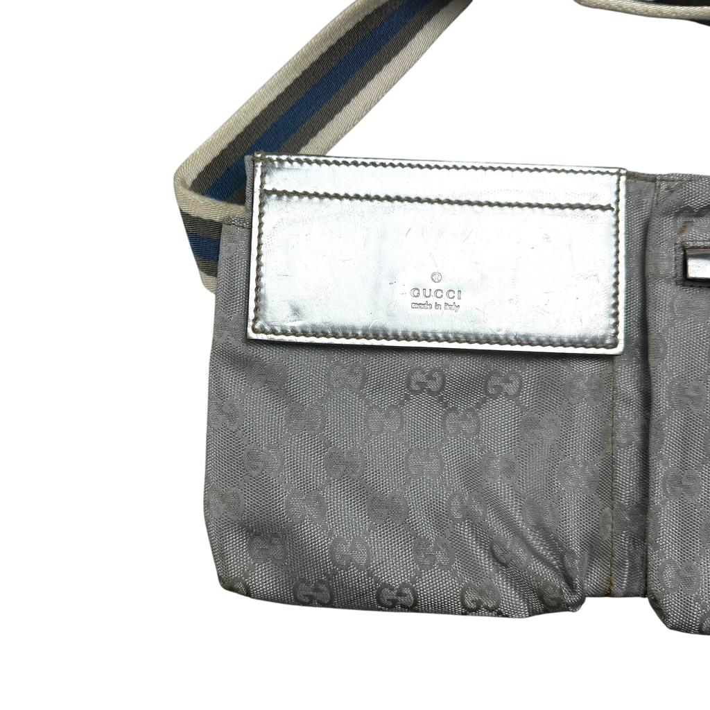 Gucci GG Monogram Web Double Pocket Canvas Belt Bag Silver