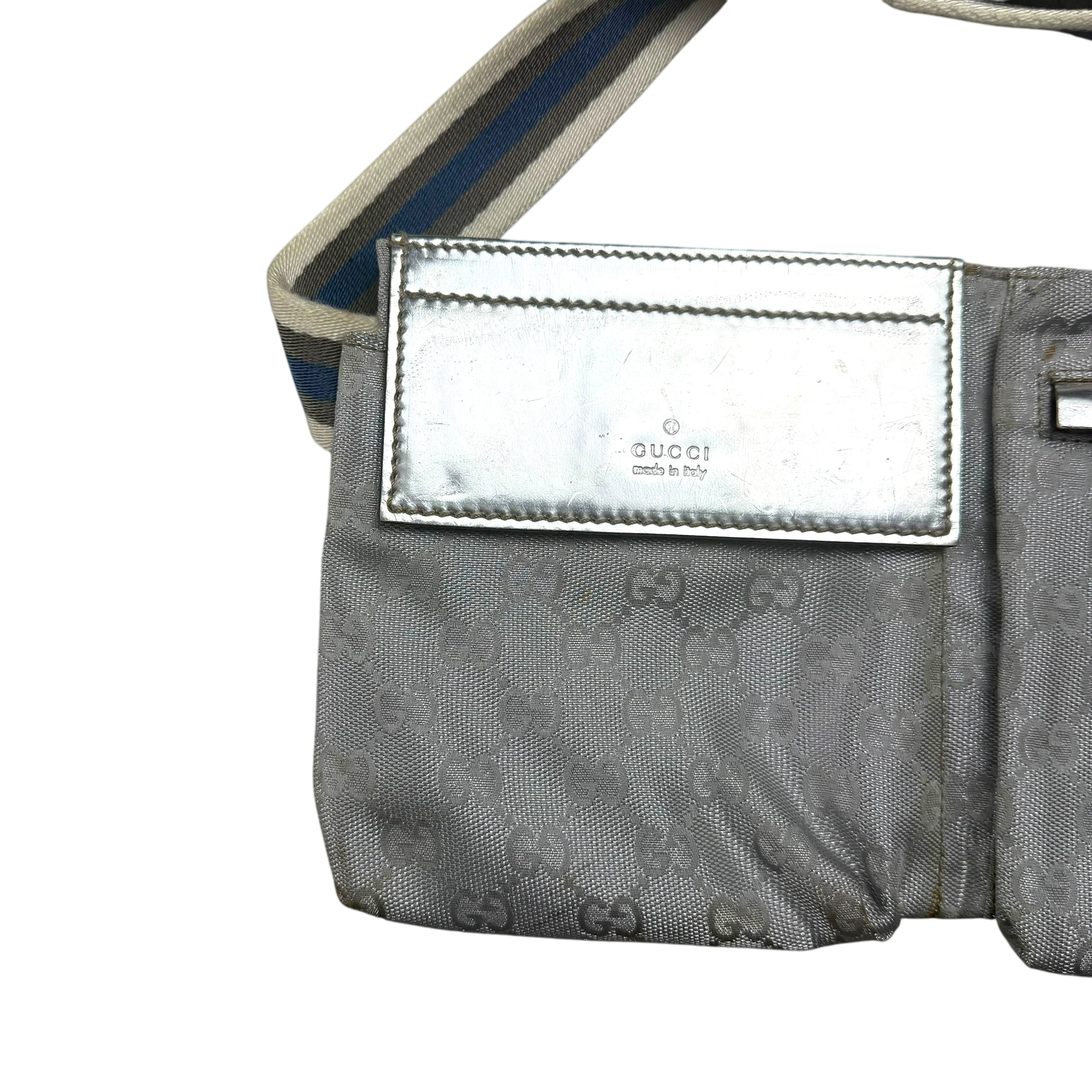 Gucci GG Monogram Web Double Pocket Canvas Belt Bag Silver