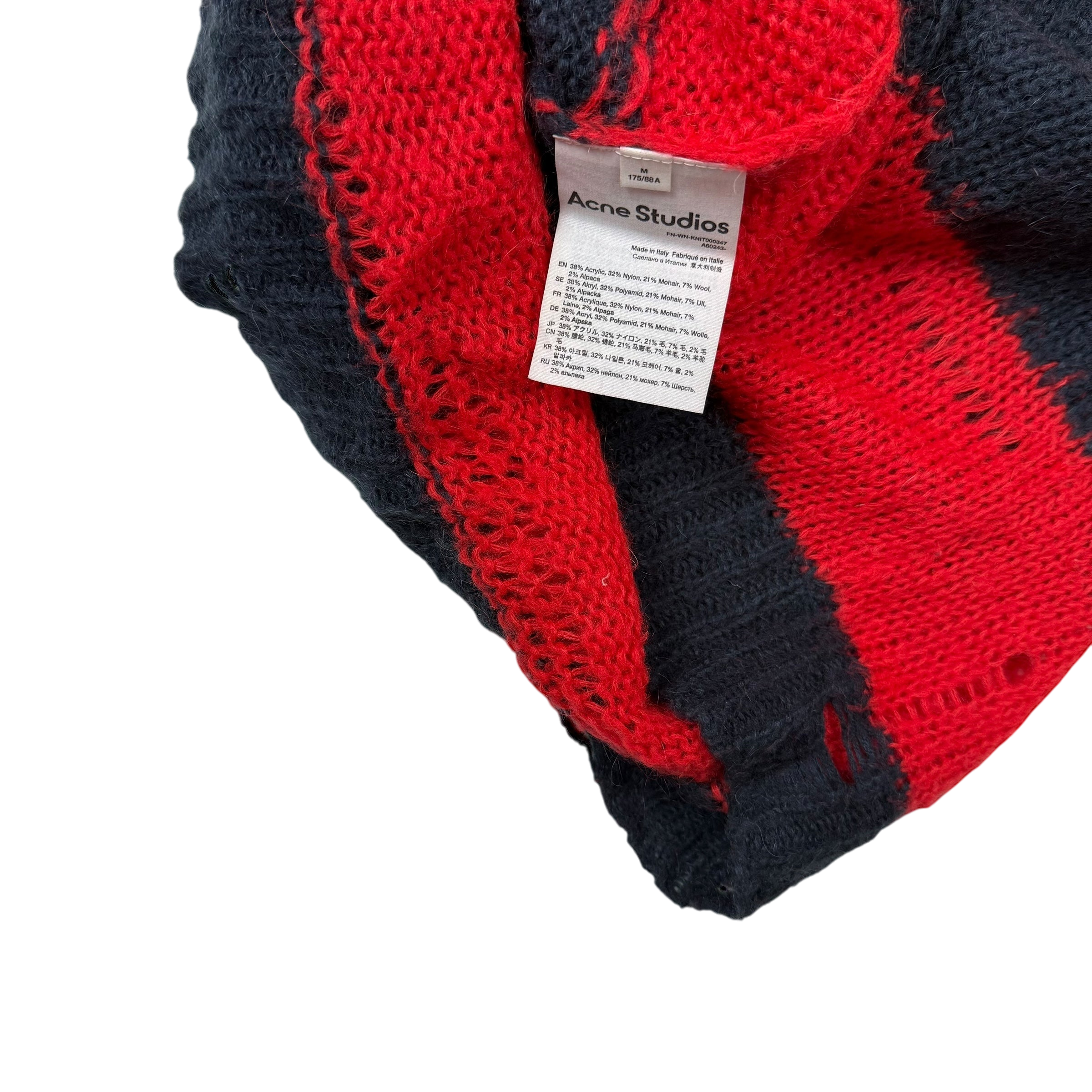 Acne Studios AW21 Kalia Distressed Oversized Striped Knit Sweatshirt Navy / Red (fits up to L)