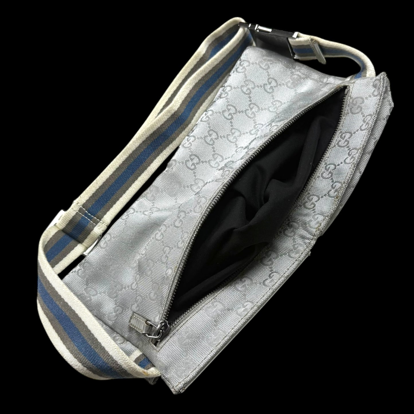 Gucci GG Monogram Web Double Pocket Canvas Belt Bag Silver