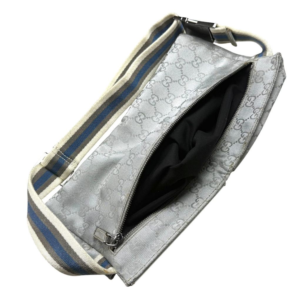 Gucci GG Monogram Web Double Pocket Canvas Belt Bag Silver