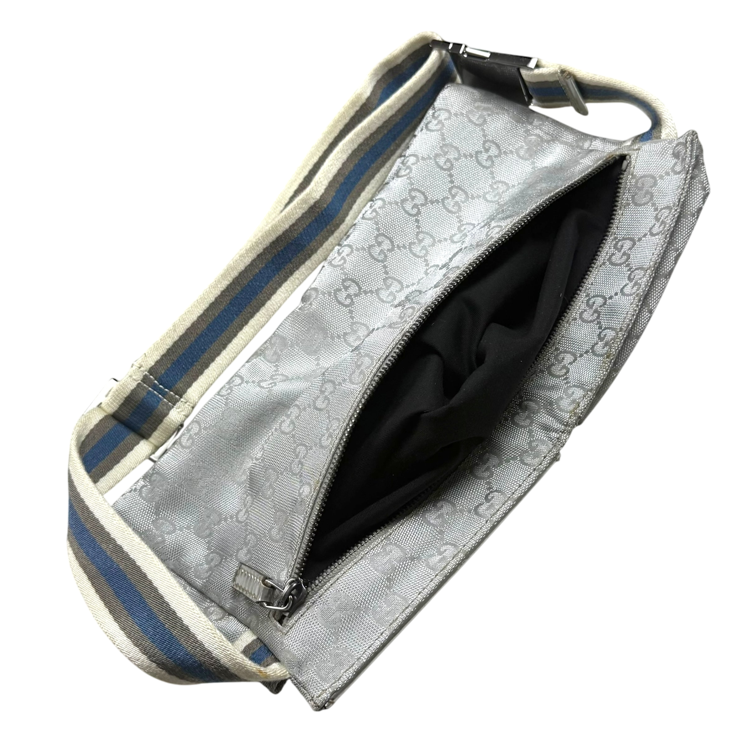 Gucci GG Monogram Web Double Pocket Canvas Belt Bag Silver