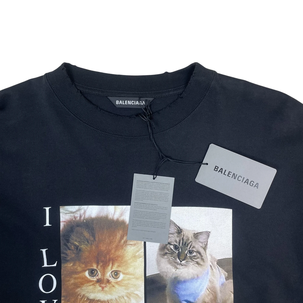 Balenciaga SS20 ‘I Love Cats’ Oversized Pre-Distressed T-Shirt Black (Fits Up To XXL)