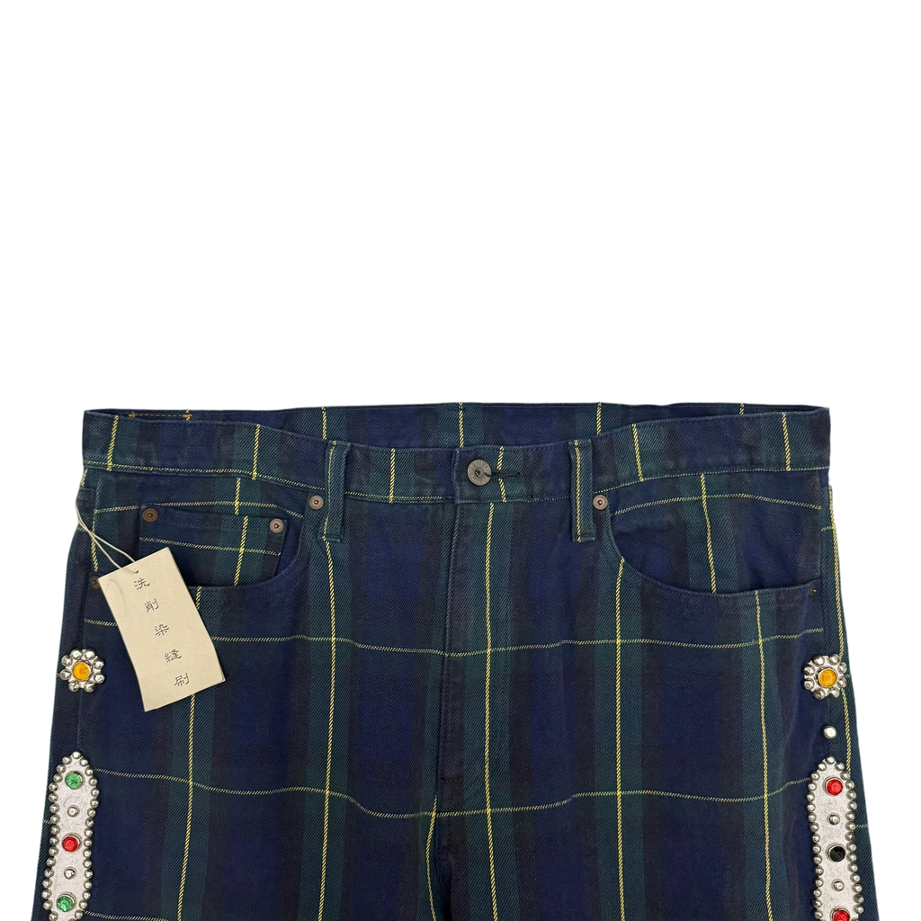 Kapital 11oz Tartan Check 5P Monkey Cisco Jeans (Studs Remake) Navy (Size 38”)
