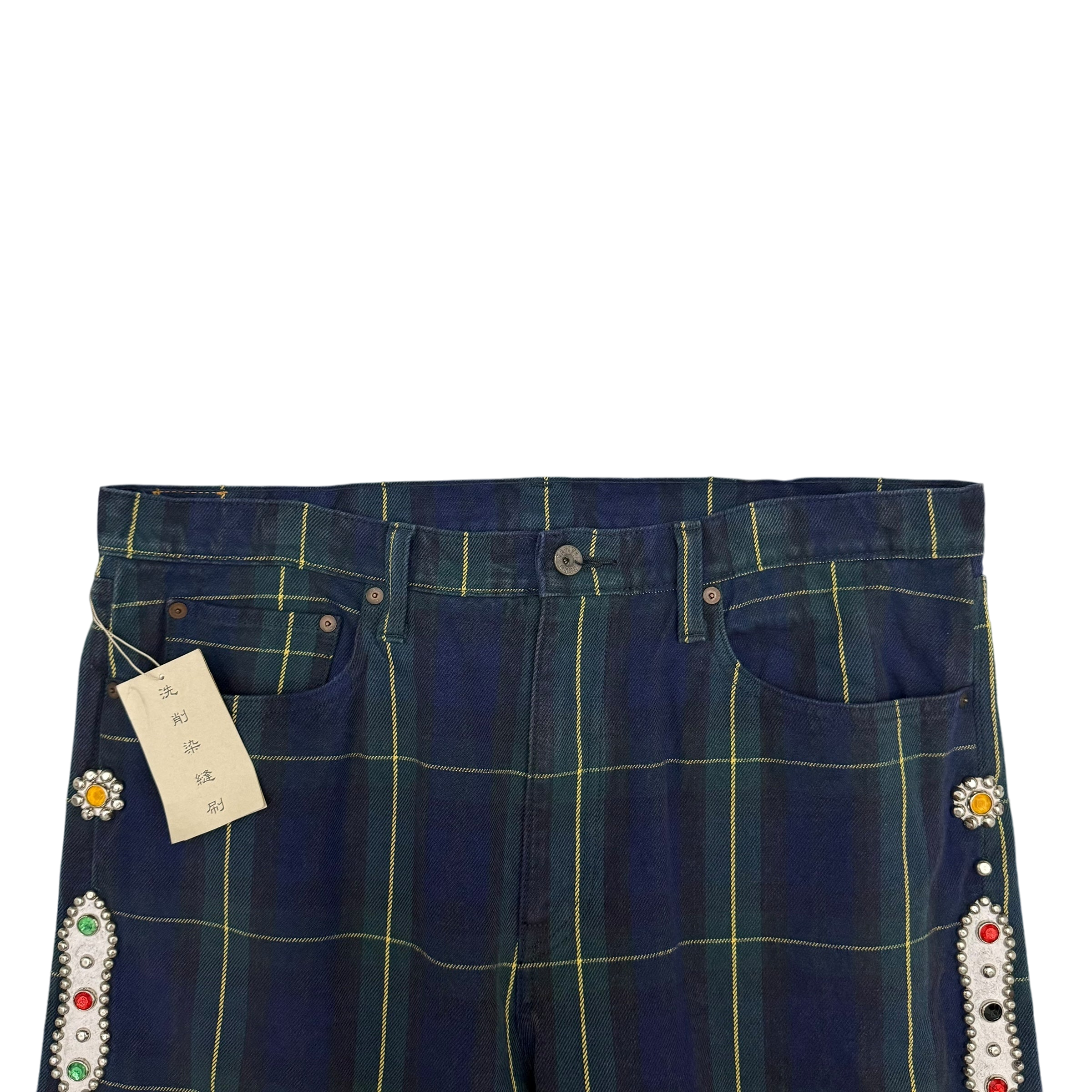 Kapital 11oz Tartan Check 5P Monkey Cisco Jeans (Studs Remake) Navy (Size 38”)