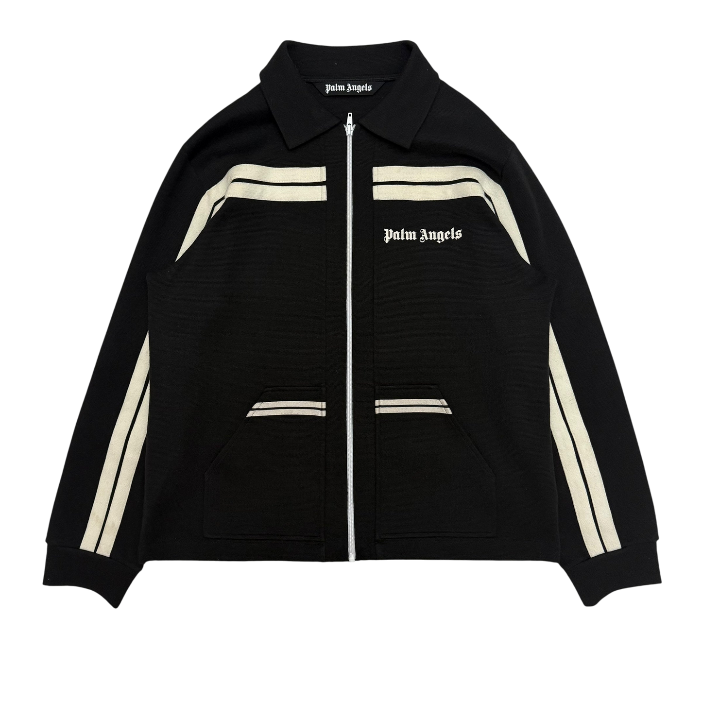 Palm Angels Wool Blend Collar Knit Track Jacket Black/Off White (Size L)
