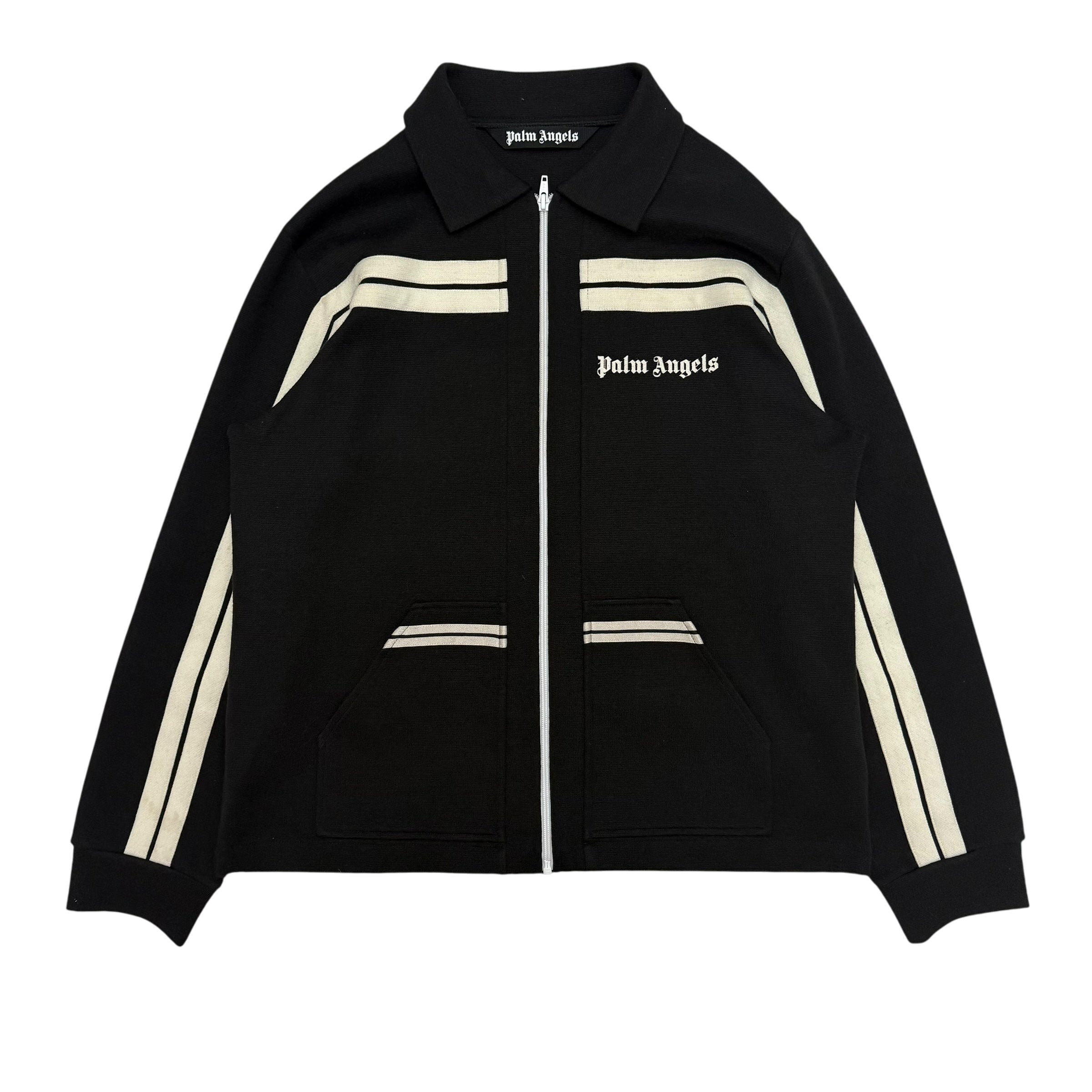 Palm Angels Wool Blend Collar Knit Track Jacket Black/Off White (Size L)