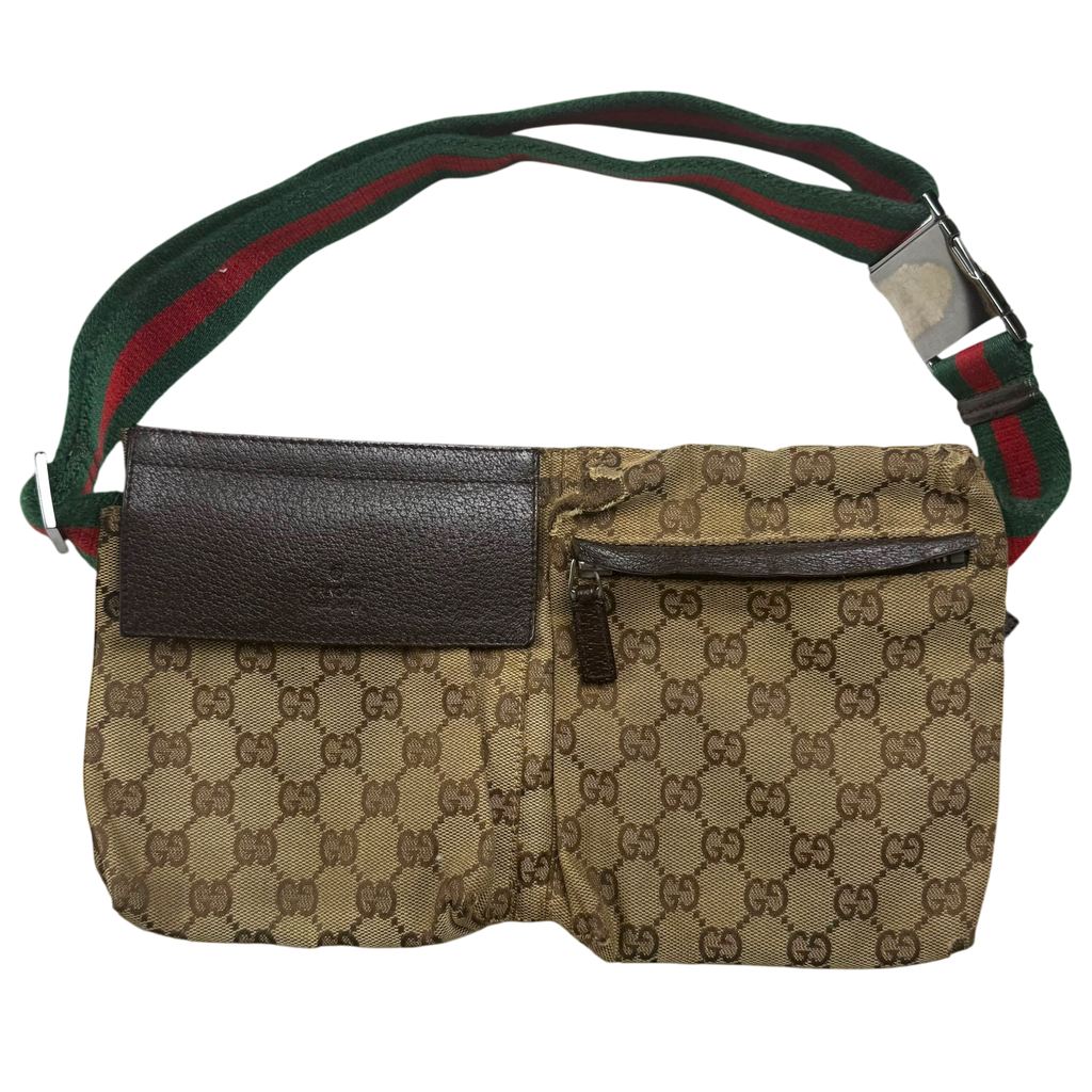 Gucci GG Canvas Web Double Pocket Belt Bag Brown