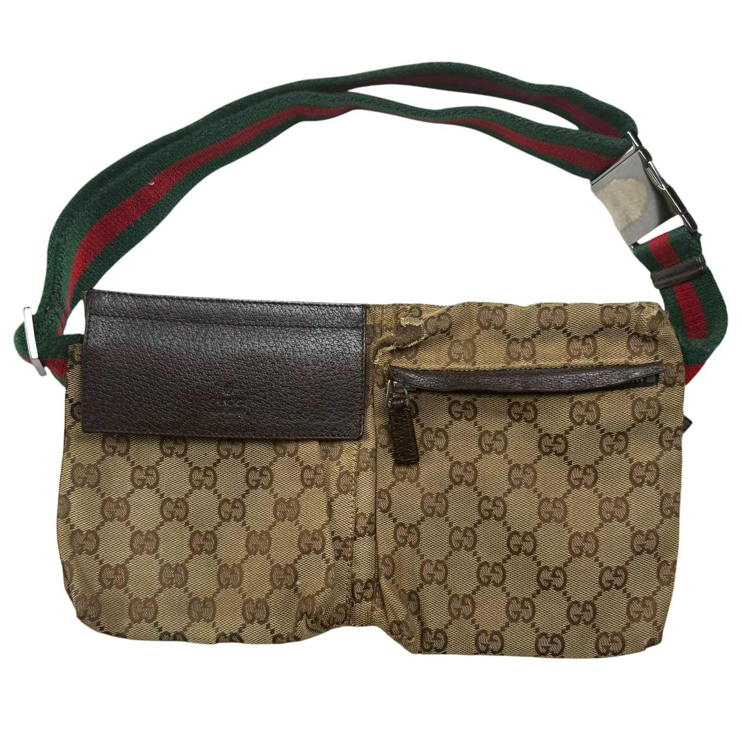 Gucci GG Canvas Web Double Pocket Belt Bag Brown