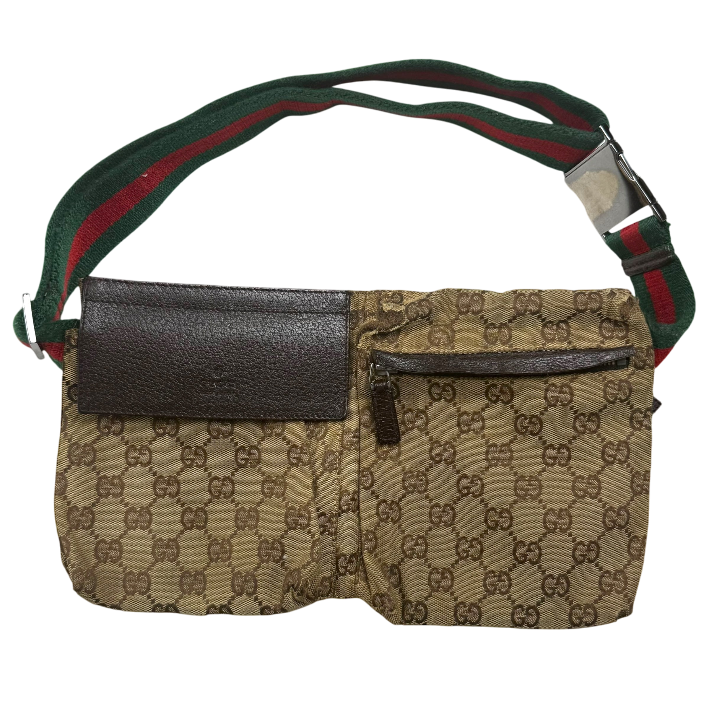 Gucci GG Canvas Web Double Pocket Belt Bag Brown