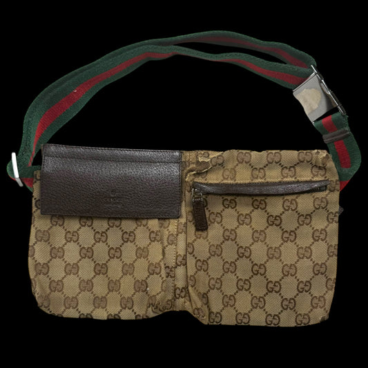 Gucci GG Canvas Web Double Pocket Belt Bag Brown