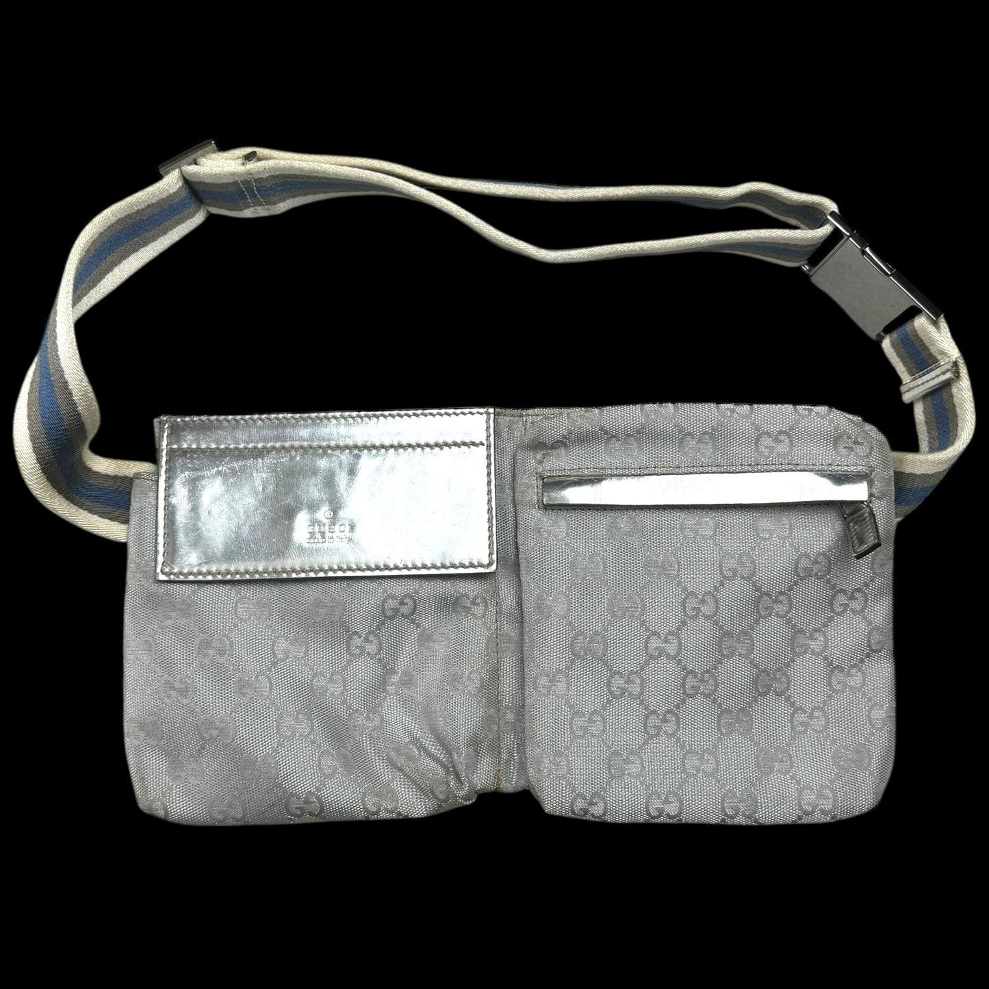 Gucci GG Monogram Web Double Pocket Canvas Belt Bag Silver