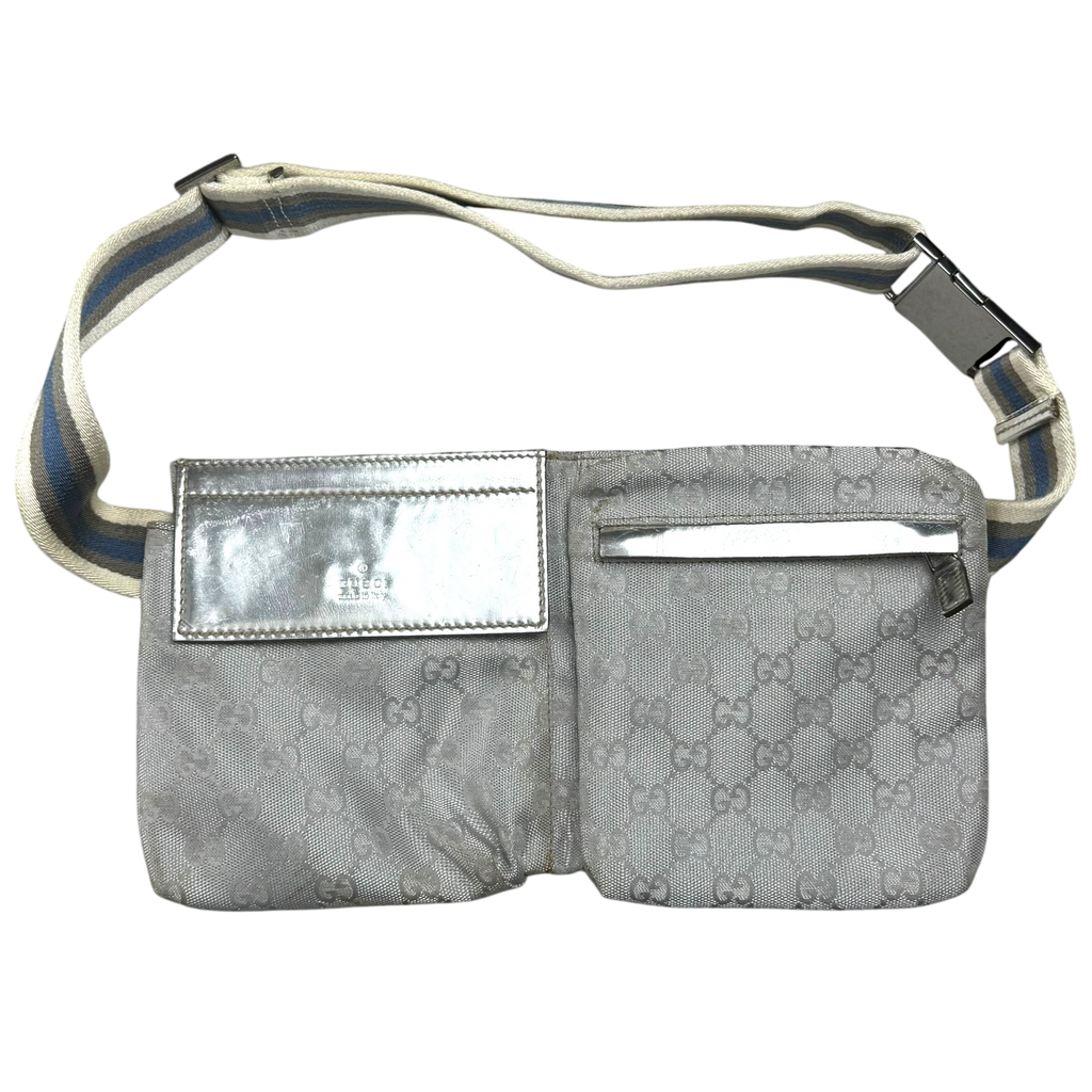 Gucci GG Monogram Web Double Pocket Canvas Belt Bag Silver