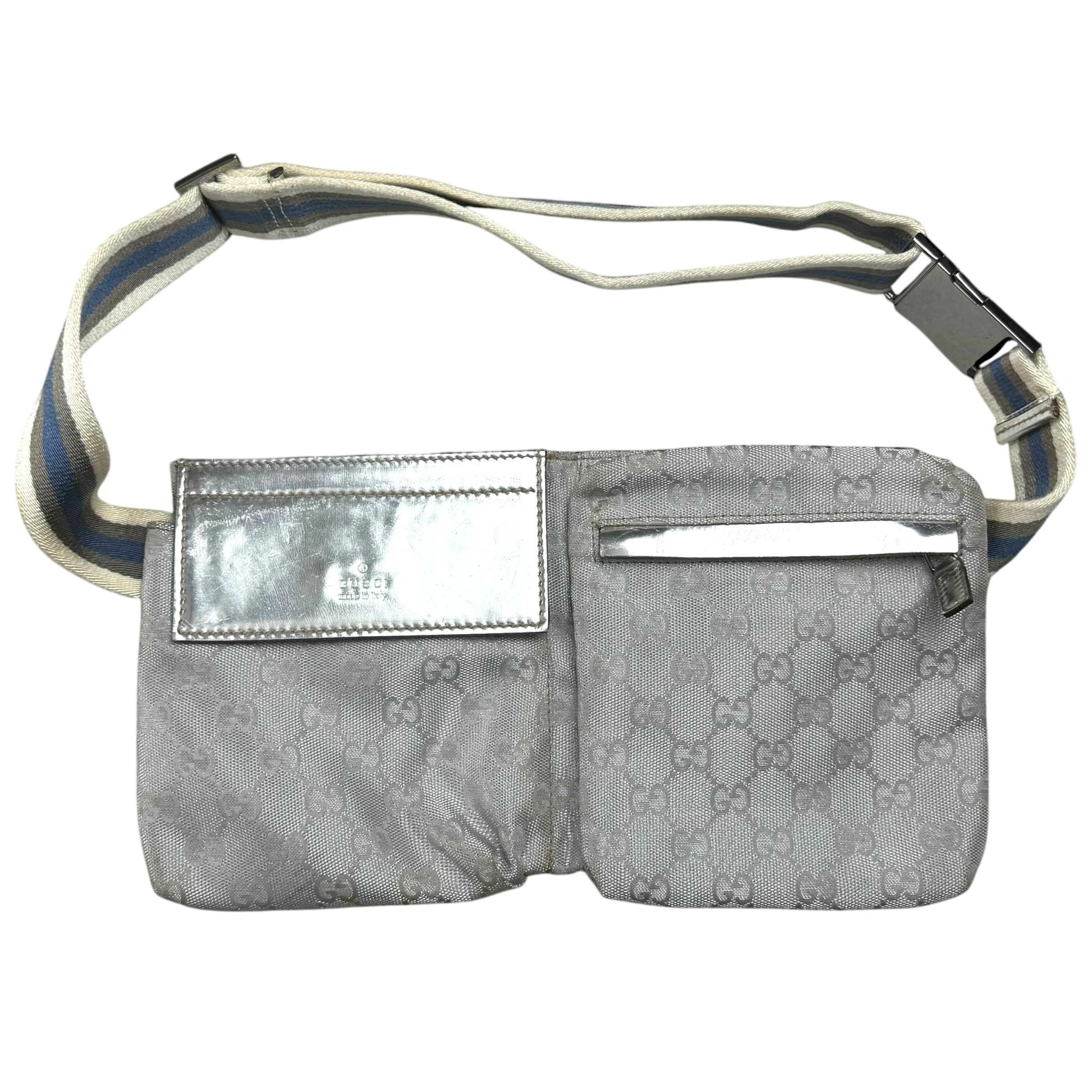 Gucci GG Monogram Web Double Pocket Canvas Belt Bag Silver