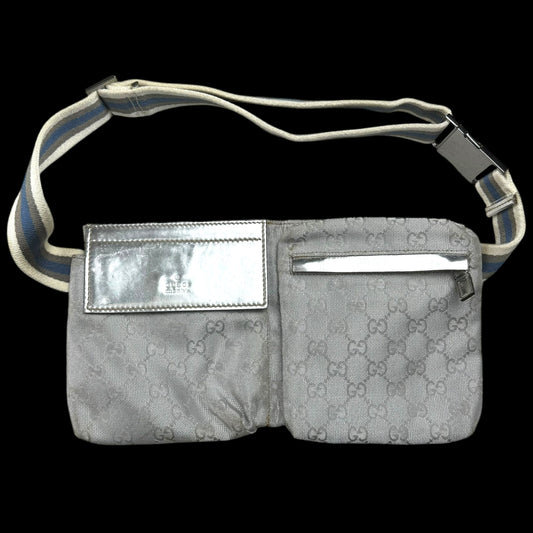 Gucci GG Monogram Web Double Pocket Canvas Belt Bag Silver