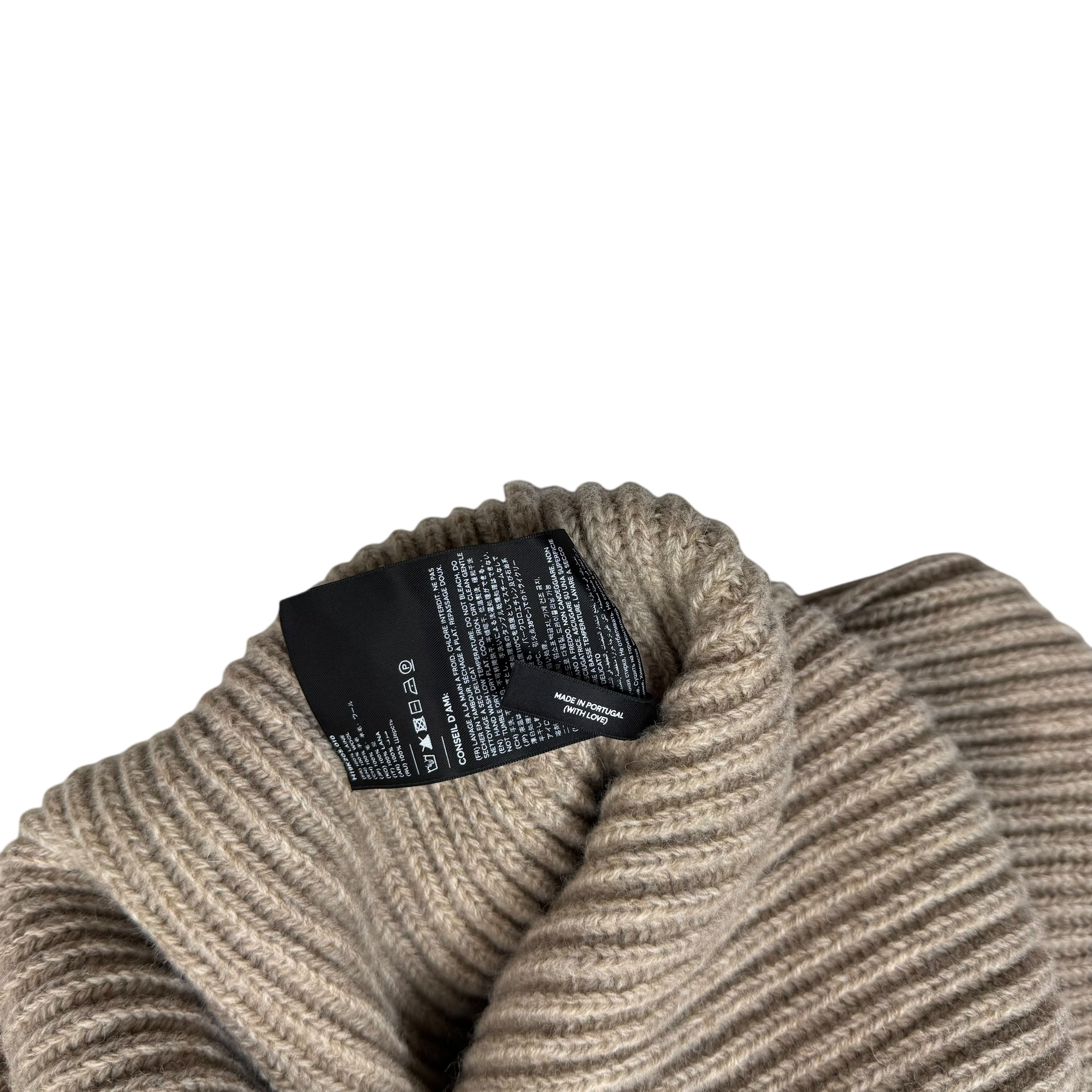 Ami Paris Heavyweight Ribbed Wool Funnel Neck Knit Sweatshirt Taupe