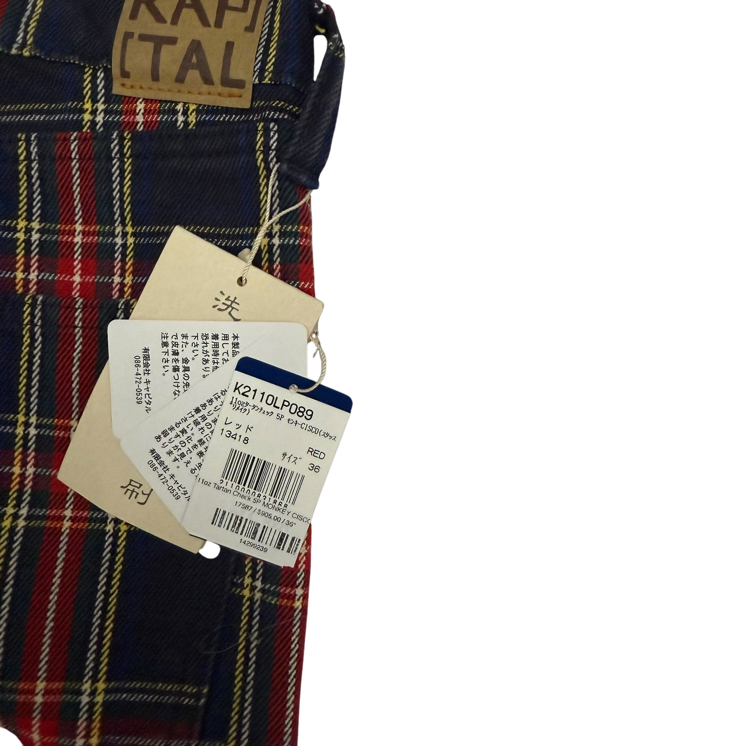 Kapital 11oz Tartan Check 5P Monkey Cisco Jeans (Studs Remake) Red (Size 36”)