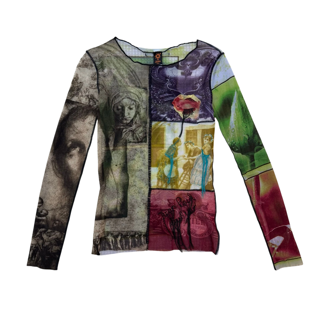 Jean Paul Gaultier SS98 Soleil Patchwork Graphic Mesh Top (Size L)