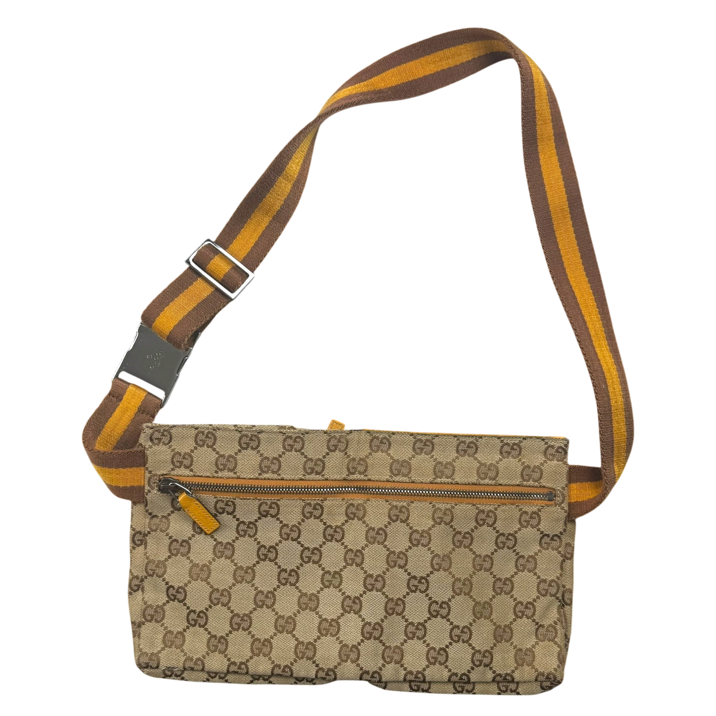 Gucci GG Canvas Web Double Pocket Belt Bag Brown/Yellow