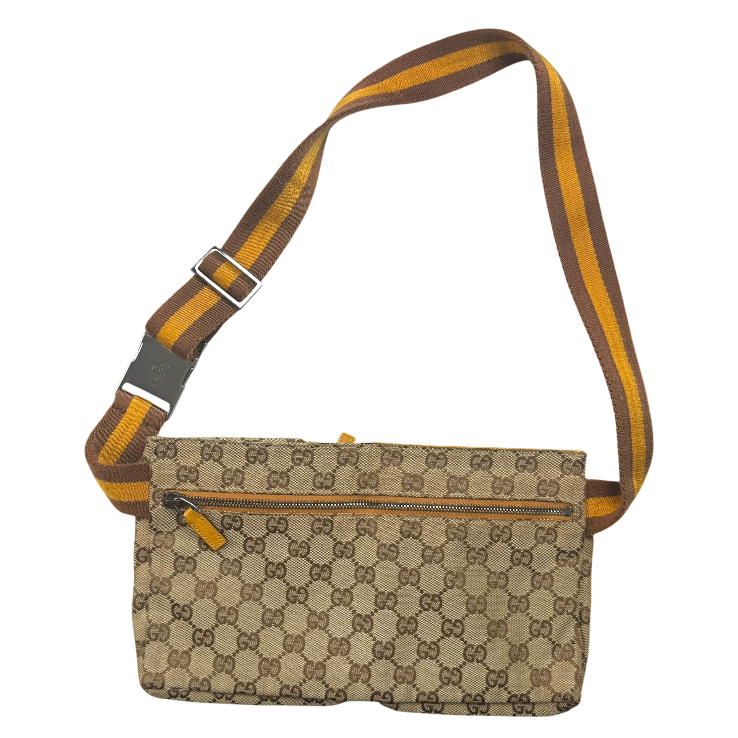 Gucci GG Canvas Web Double Pocket Belt Bag Brown/Yellow