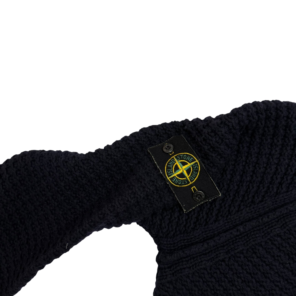 Stone Island AW02 Wool Blend Ribbed Knit Zip-Up Sweatshirt Navy (Size L)