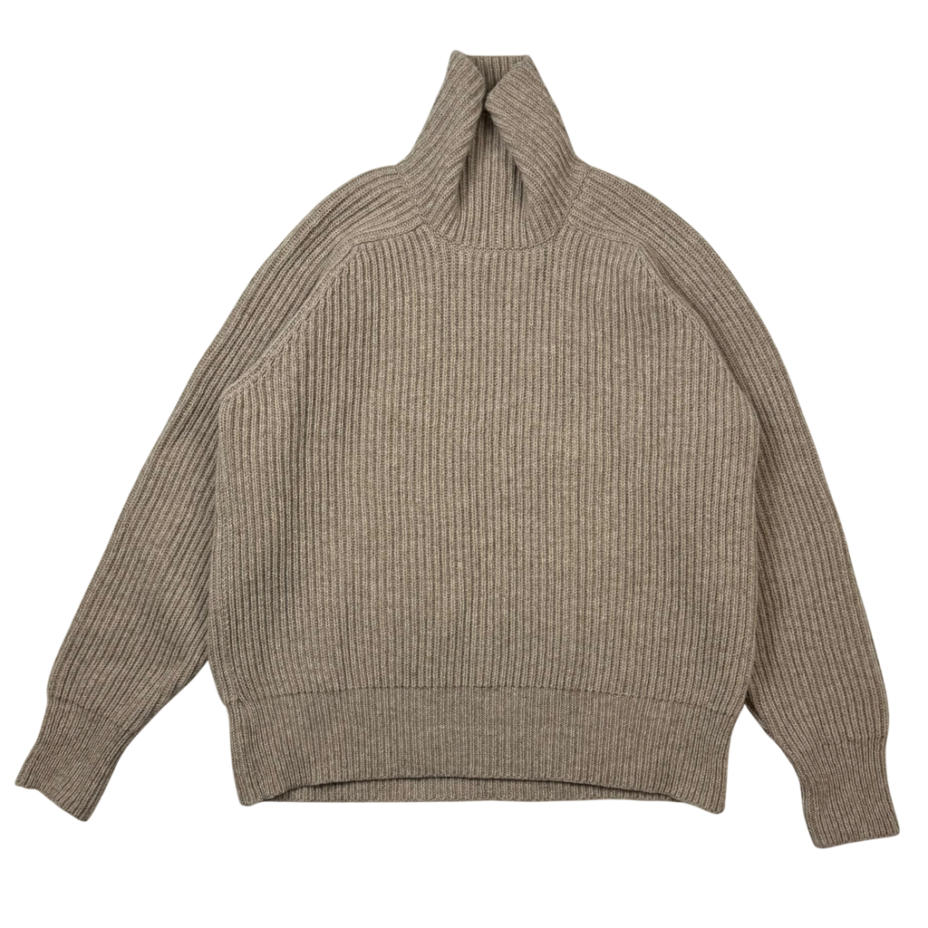 Ami Paris Heavyweight Ribbed Wool Funnel Neck Knit Sweatshirt Taupe