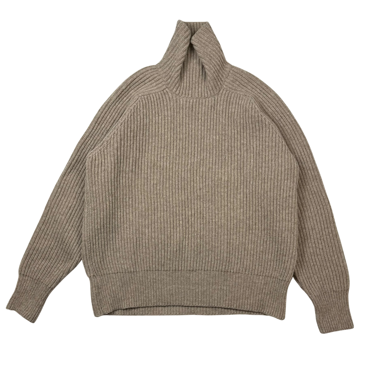 Ami Paris Heavyweight Ribbed Wool Funnel Neck Knit Sweatshirt Taupe