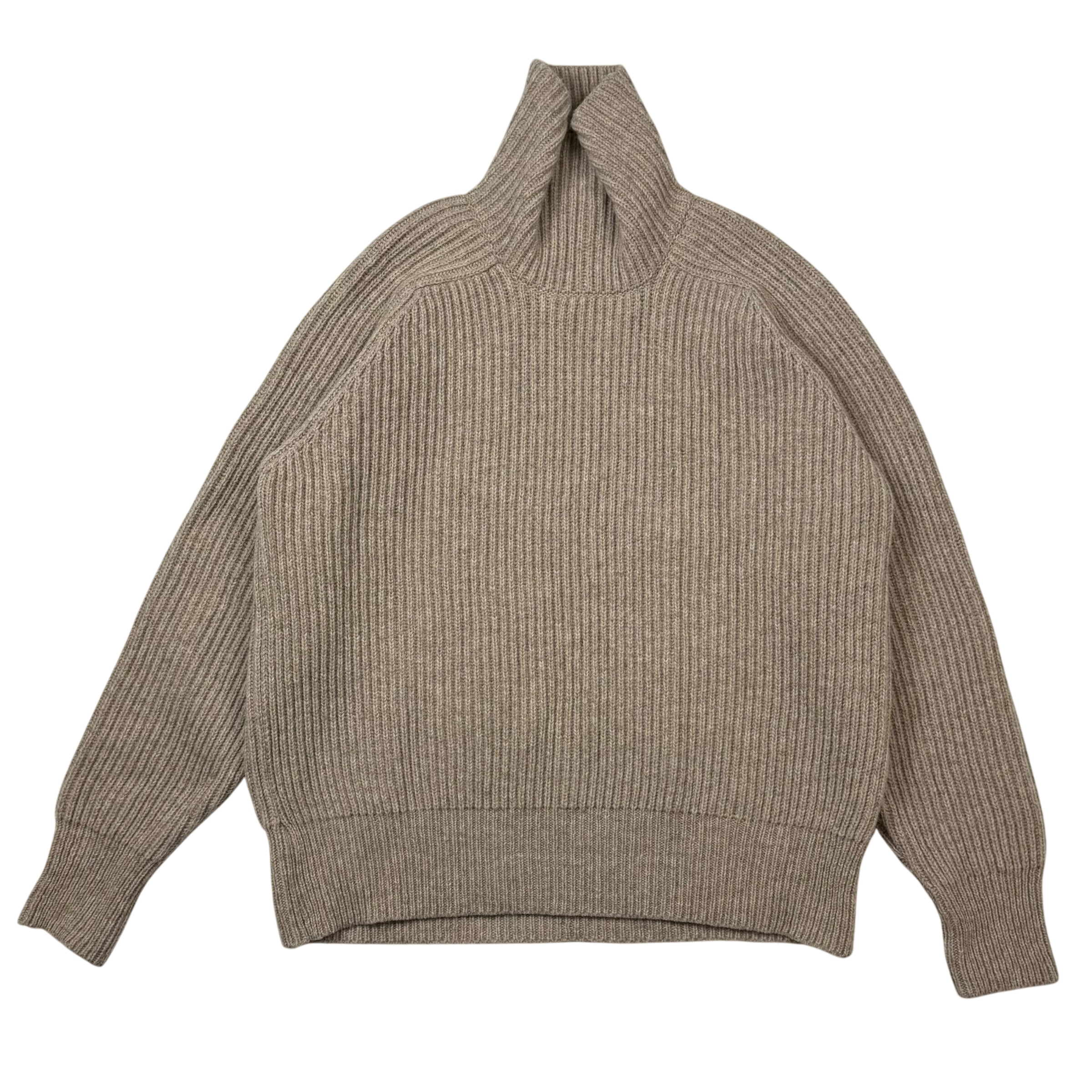 Ami Paris Heavyweight Ribbed Wool Funnel Neck Knit Sweatshirt Taupe