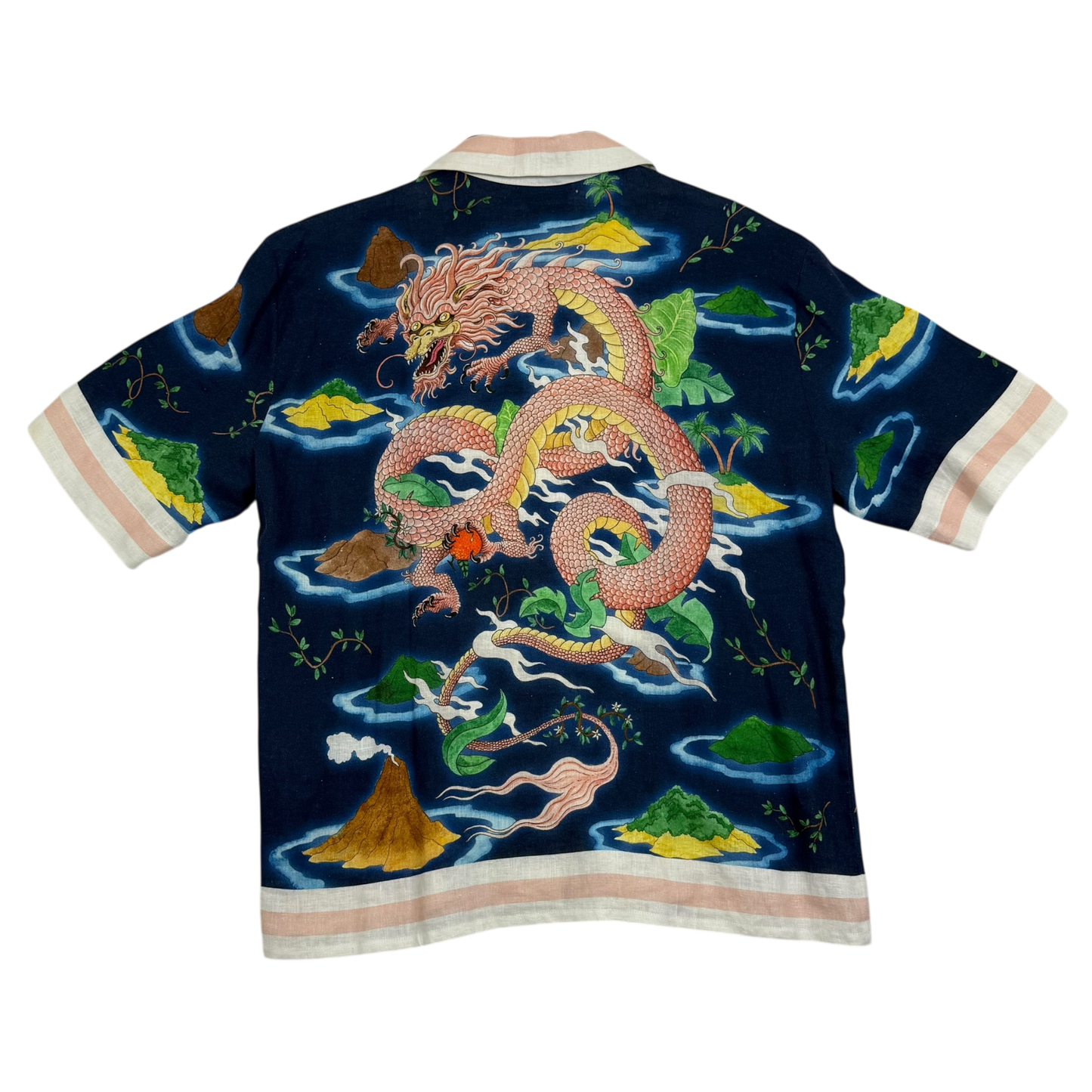 Casablanca Cuban-Collar Dragon-Print Linen Shirt Blue (Fits M-L)