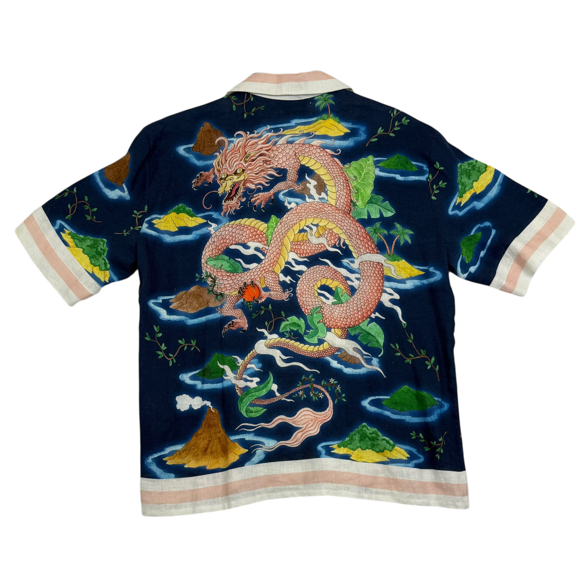 Casablanca Cuban-Collar Dragon-Print Linen Shirt Blue (Fits M-L)